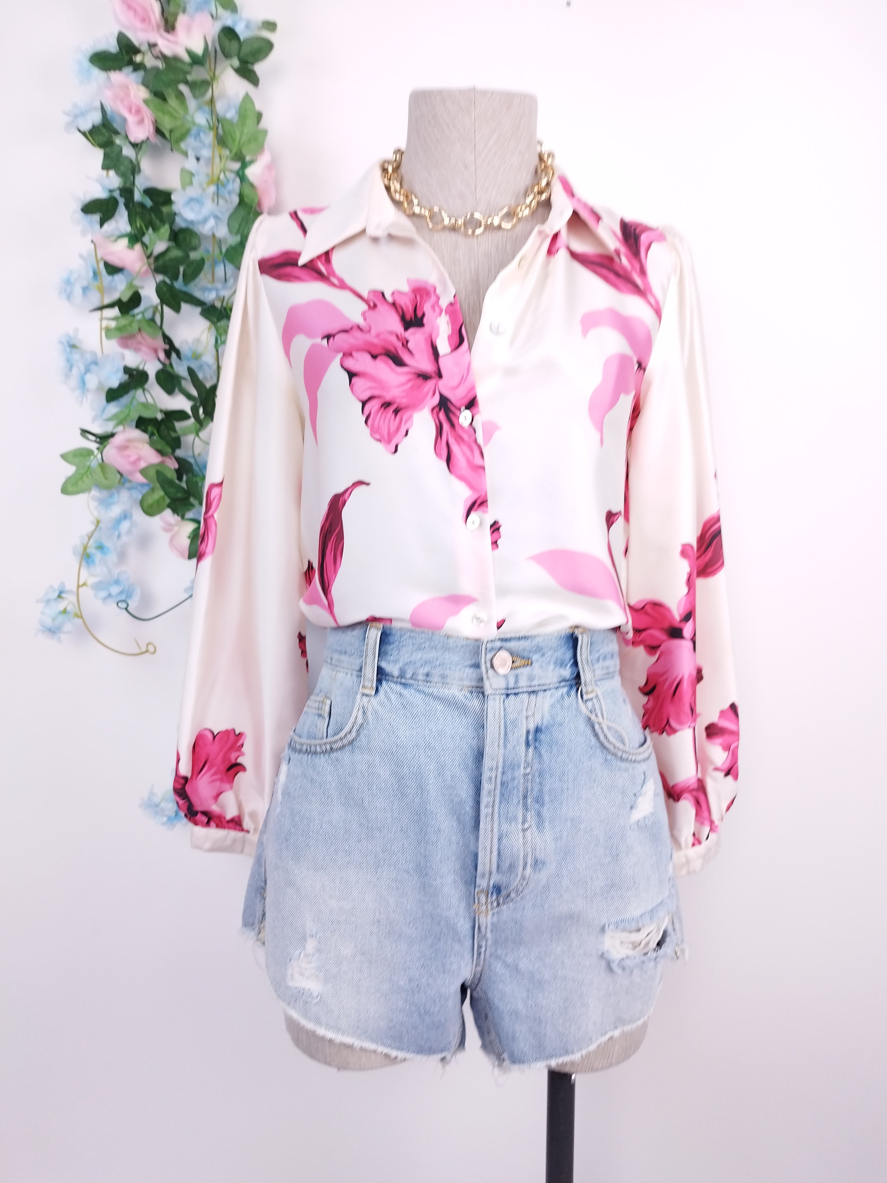 Blusa ZARA Satinada Flores Manga Larga