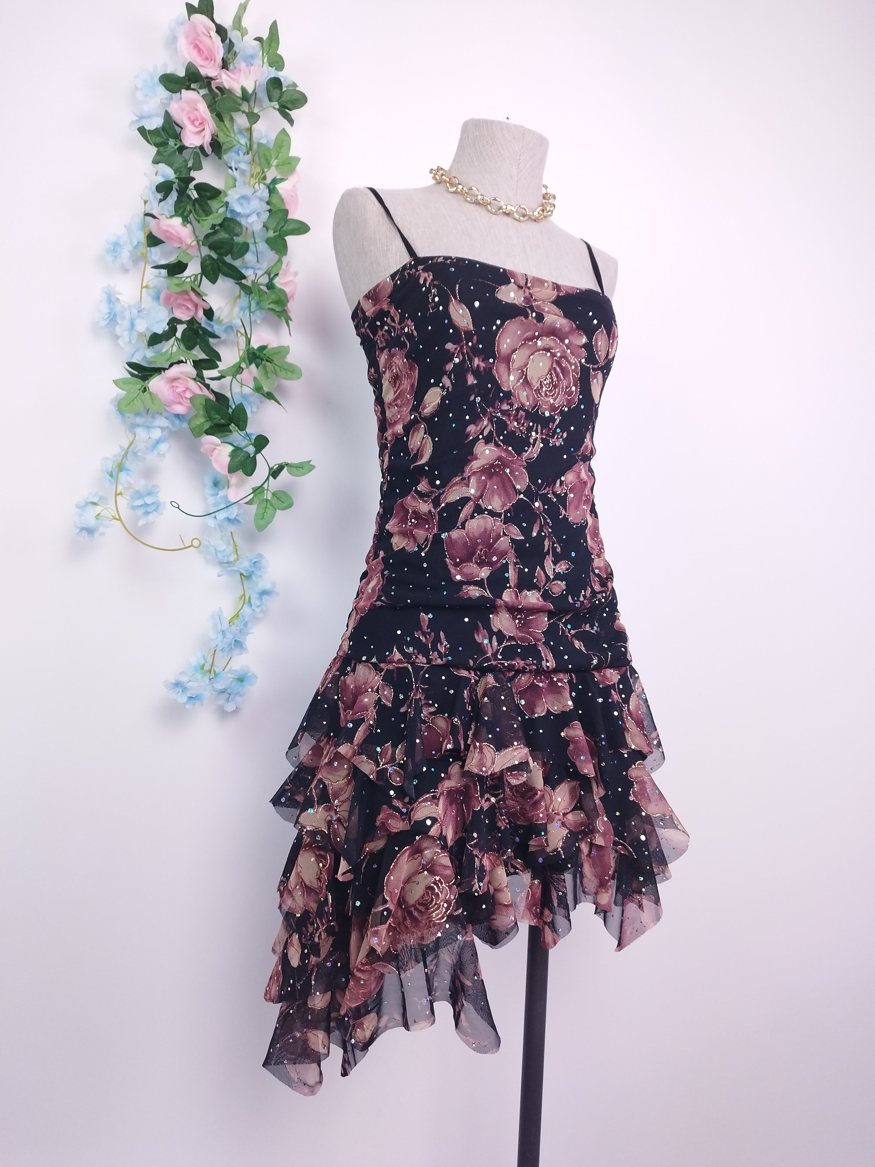 Vintage 2000s Y2K Tulle Dress — Strapless or Strappy, Floral & Iridescent Glitter