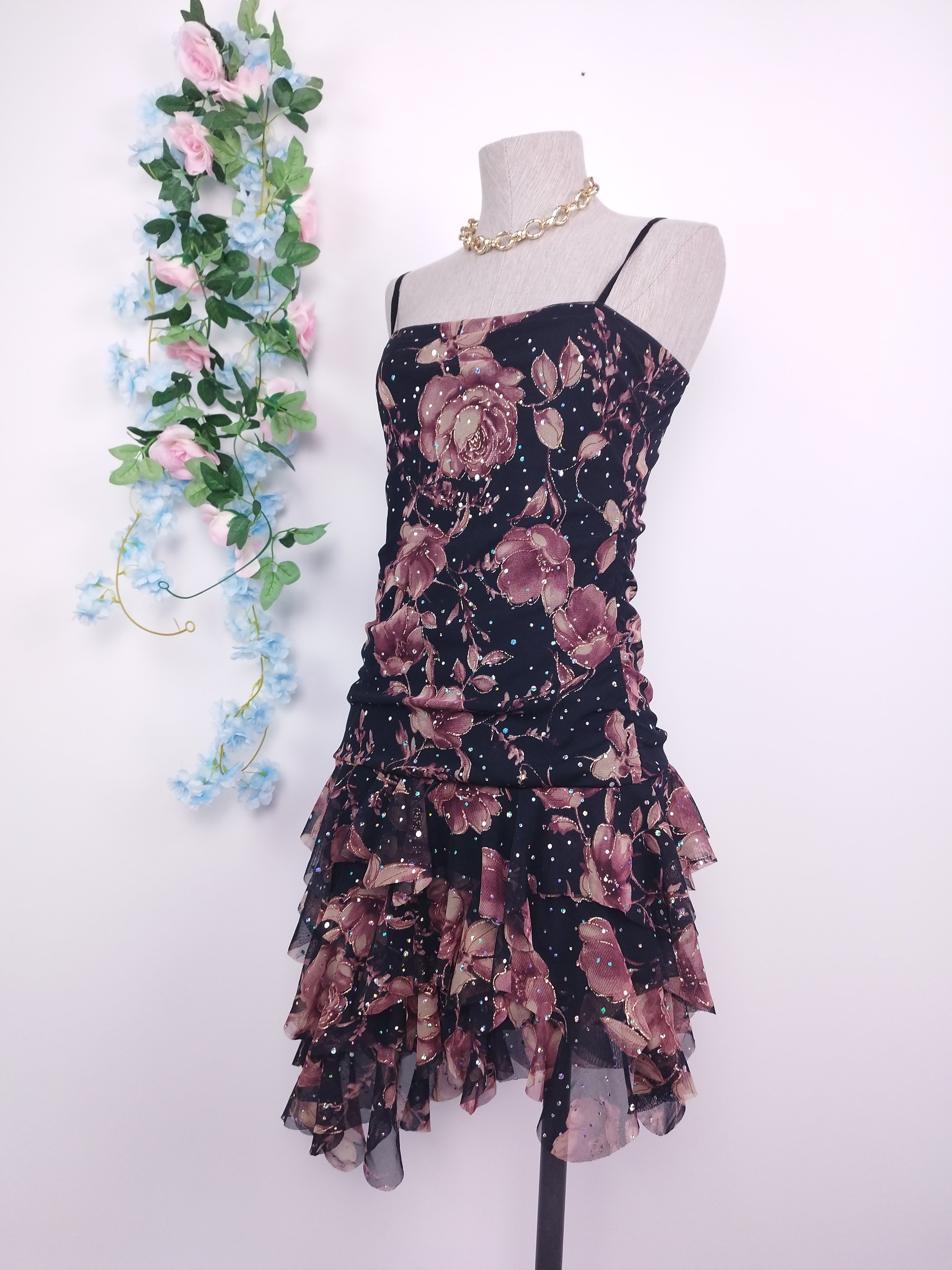 Vintage 2000s Y2K Tulle Dress — Strapless or Strappy, Floral & Iridescent Glitter