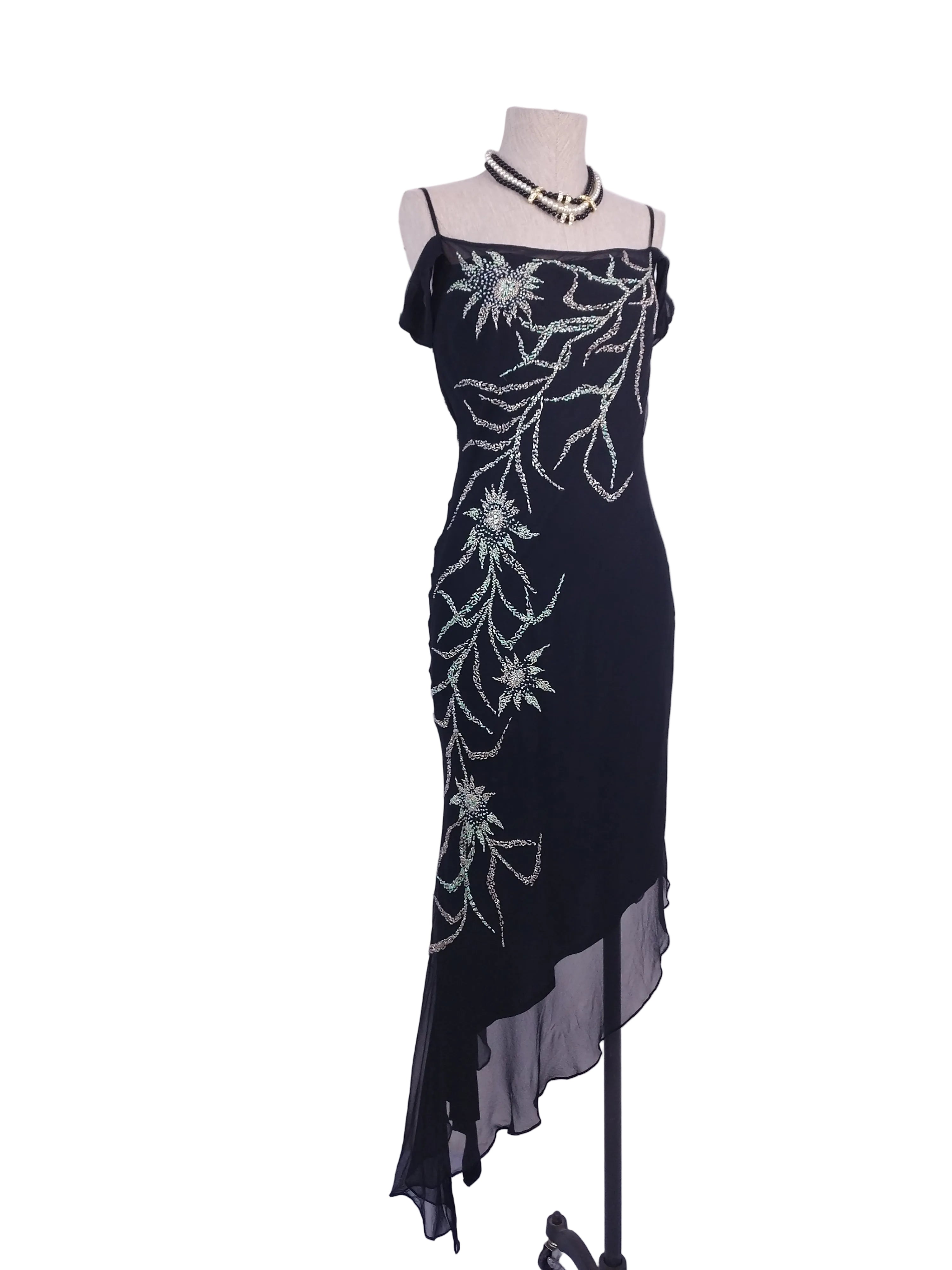 Black silk Y2K beaded dress — Vintage 2000s fairycore gala