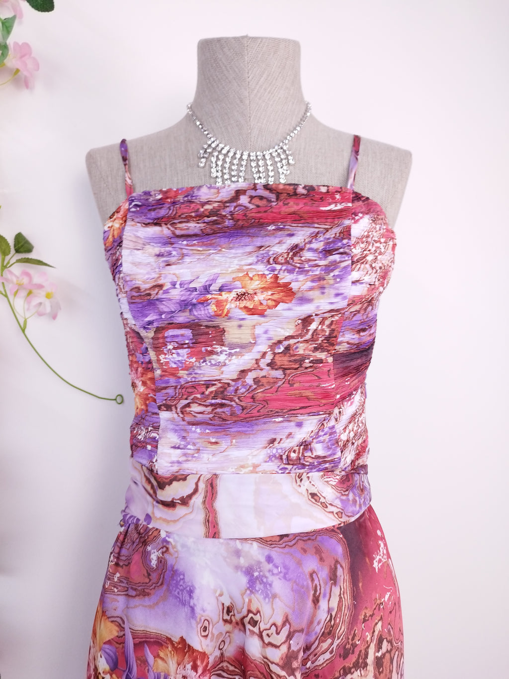 Floral satin Y2K maxi dress — Vintage 2000s structured bustier gala