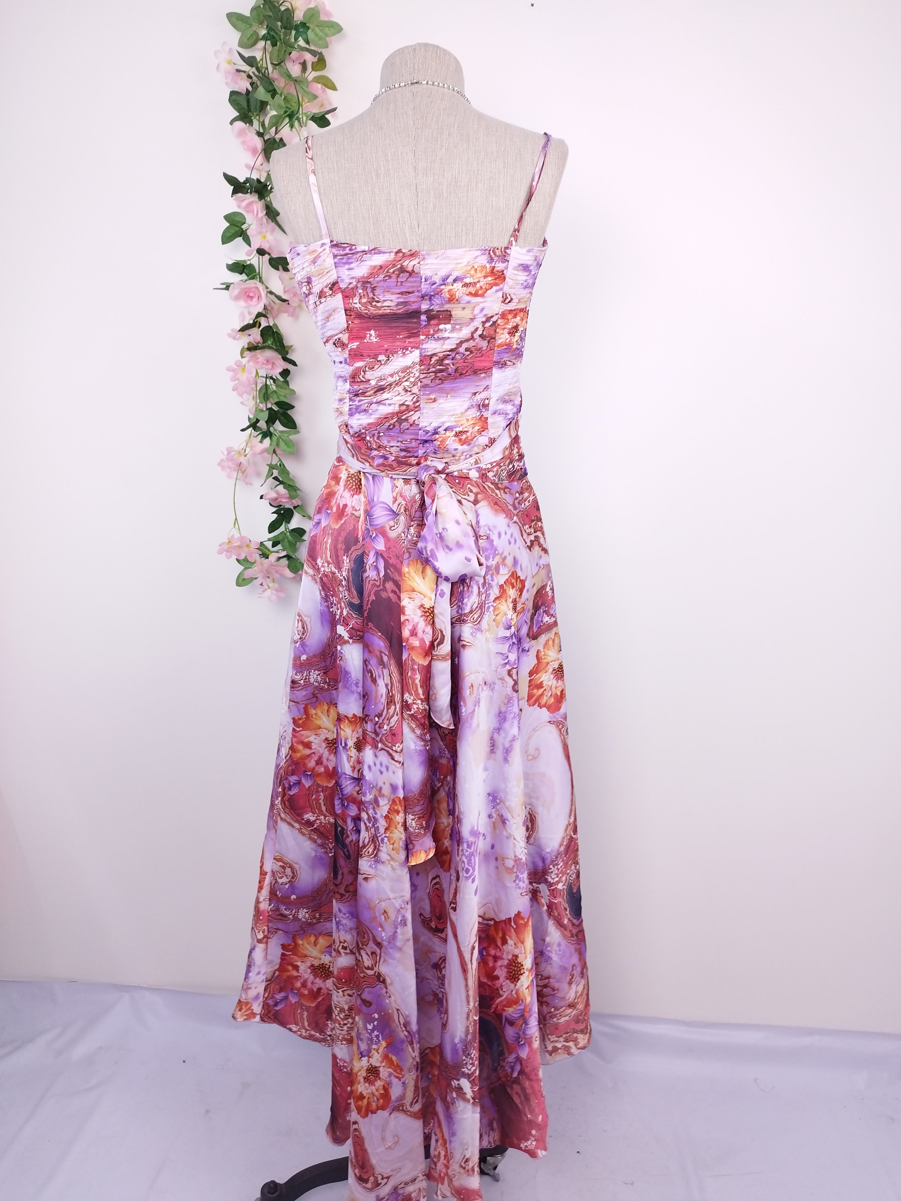 Floral satin Y2K maxi dress — Vintage 2000s structured bustier gala