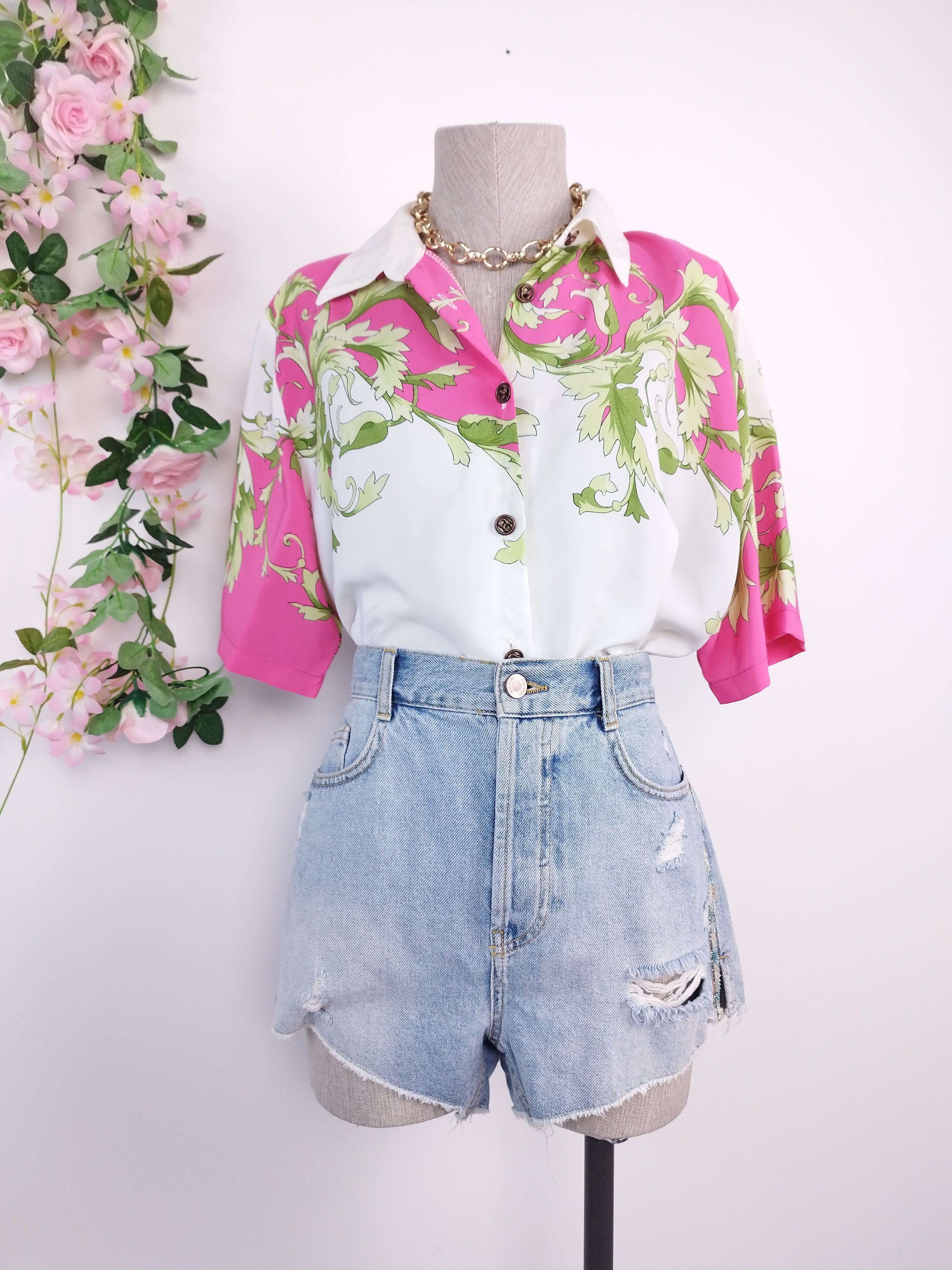 90s fuchsia baroque blouse — Green vines, satin-finish, boxy fit