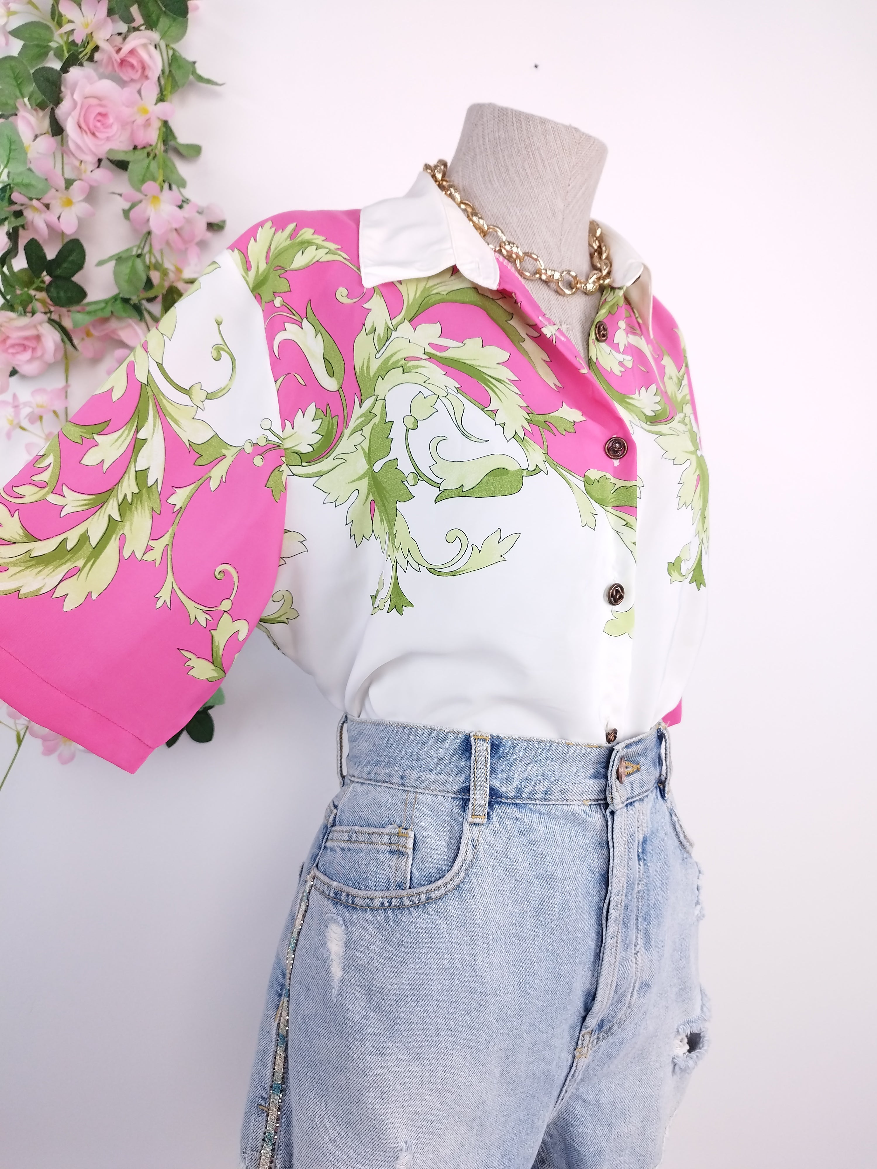 90s fuchsia baroque blouse — Green vines, satin-finish, boxy fit