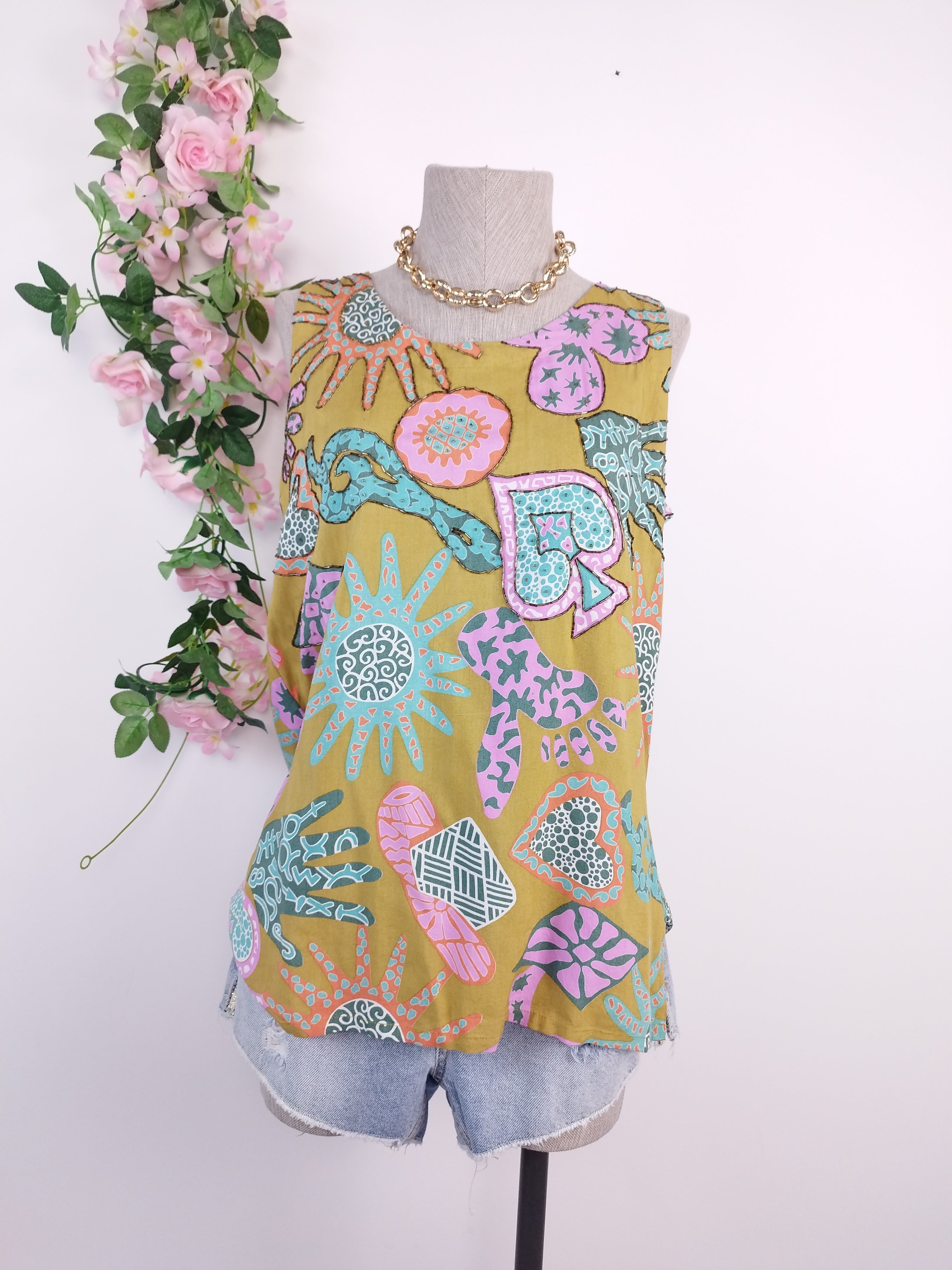 Mustard Y2K beaded top — Graphic floral patchwork & crystals
