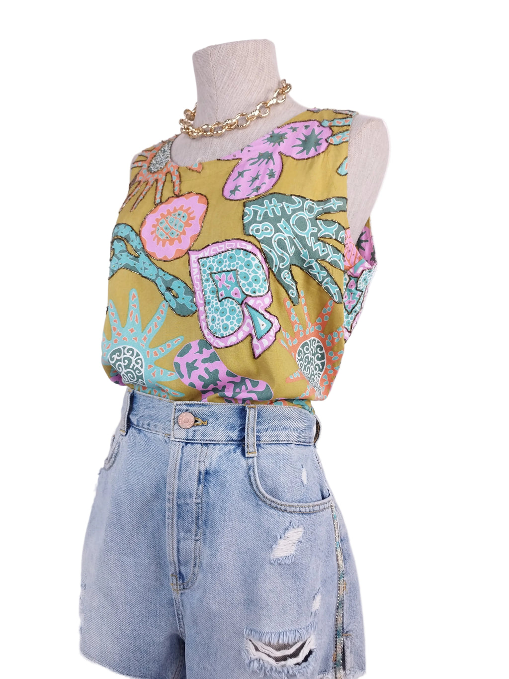 Mustard Y2K beaded top — Graphic floral patchwork & crystals