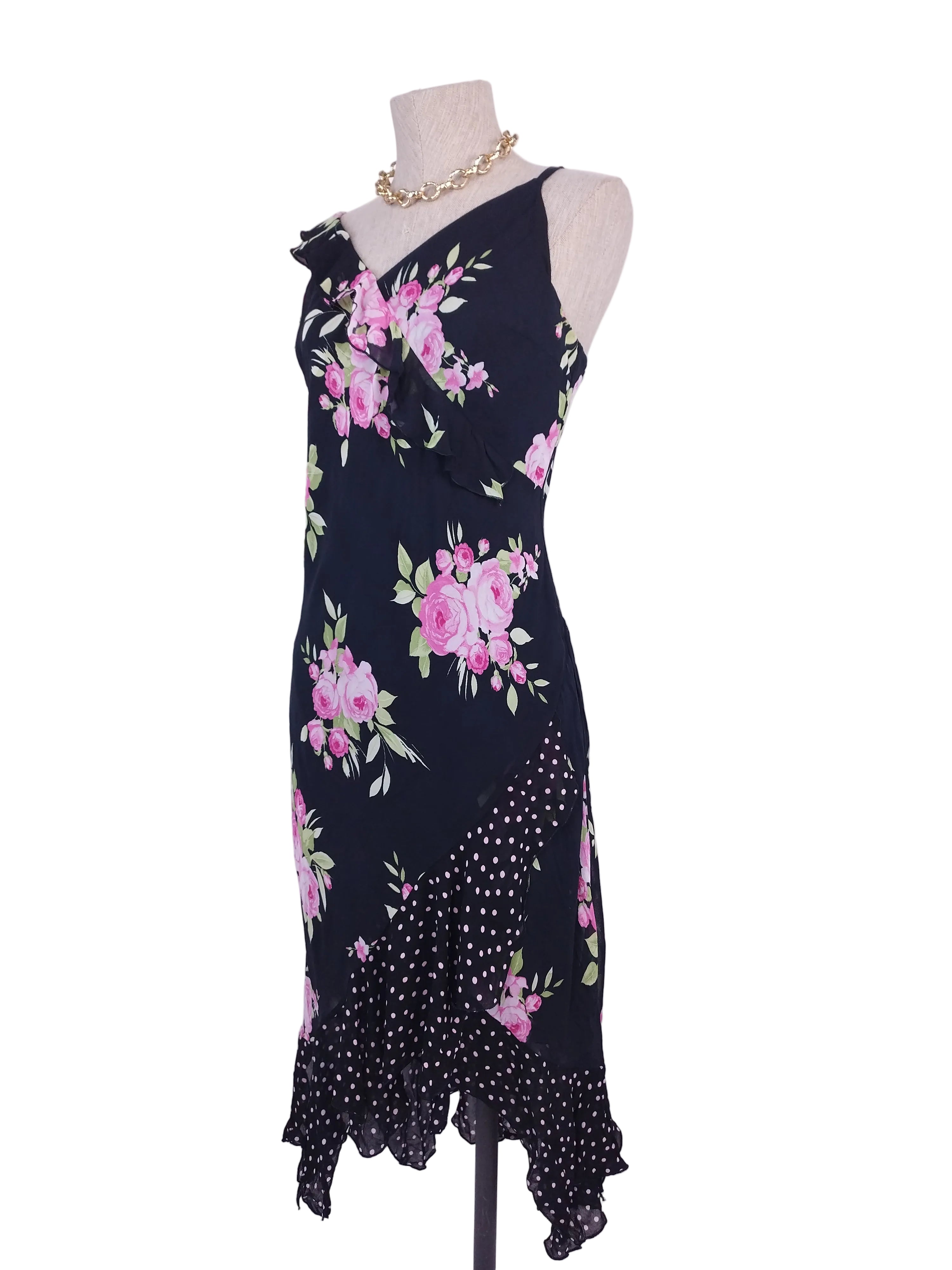 Black Y2K floral chiffon dress — Pink roses & polka-dot ruffles