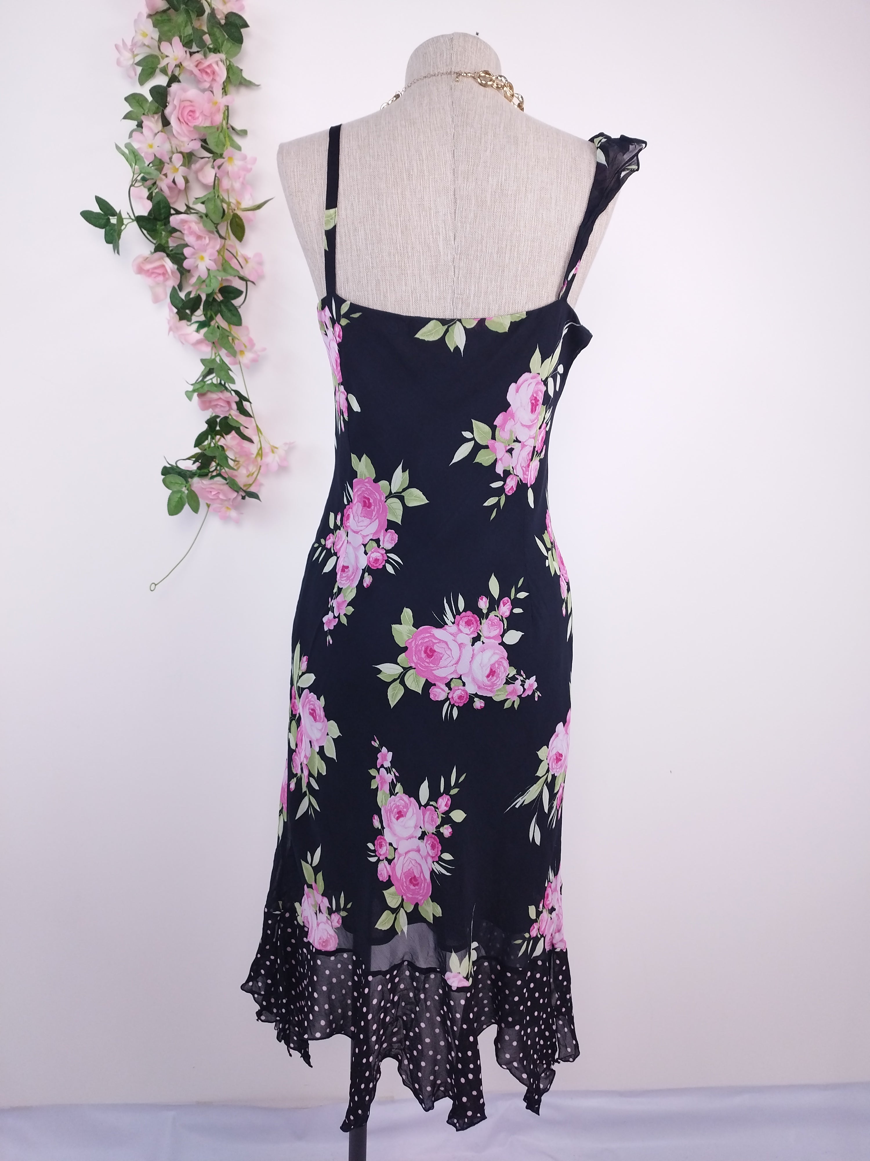 Black Y2K floral chiffon dress — Pink roses & polka-dot ruffles