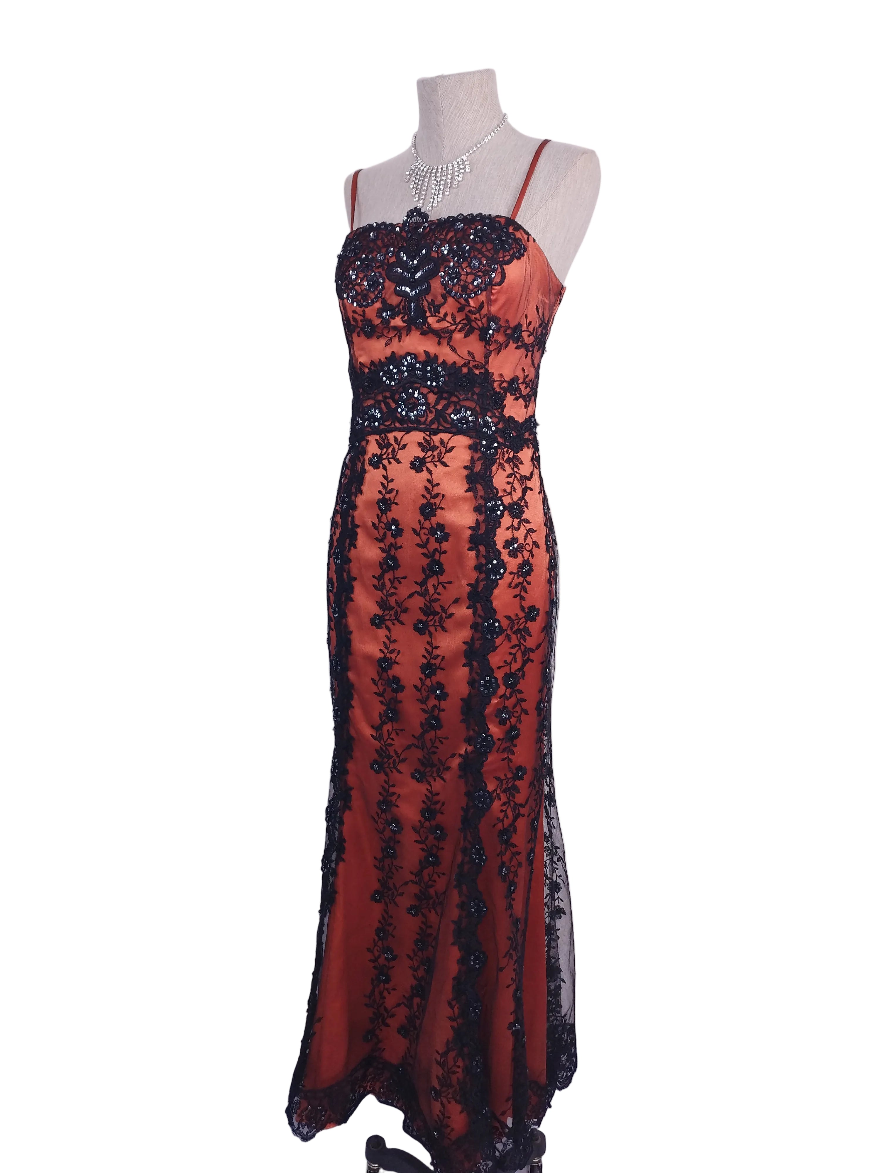Rust Y2K mermaid gown — Black lace & crystal sequin floral