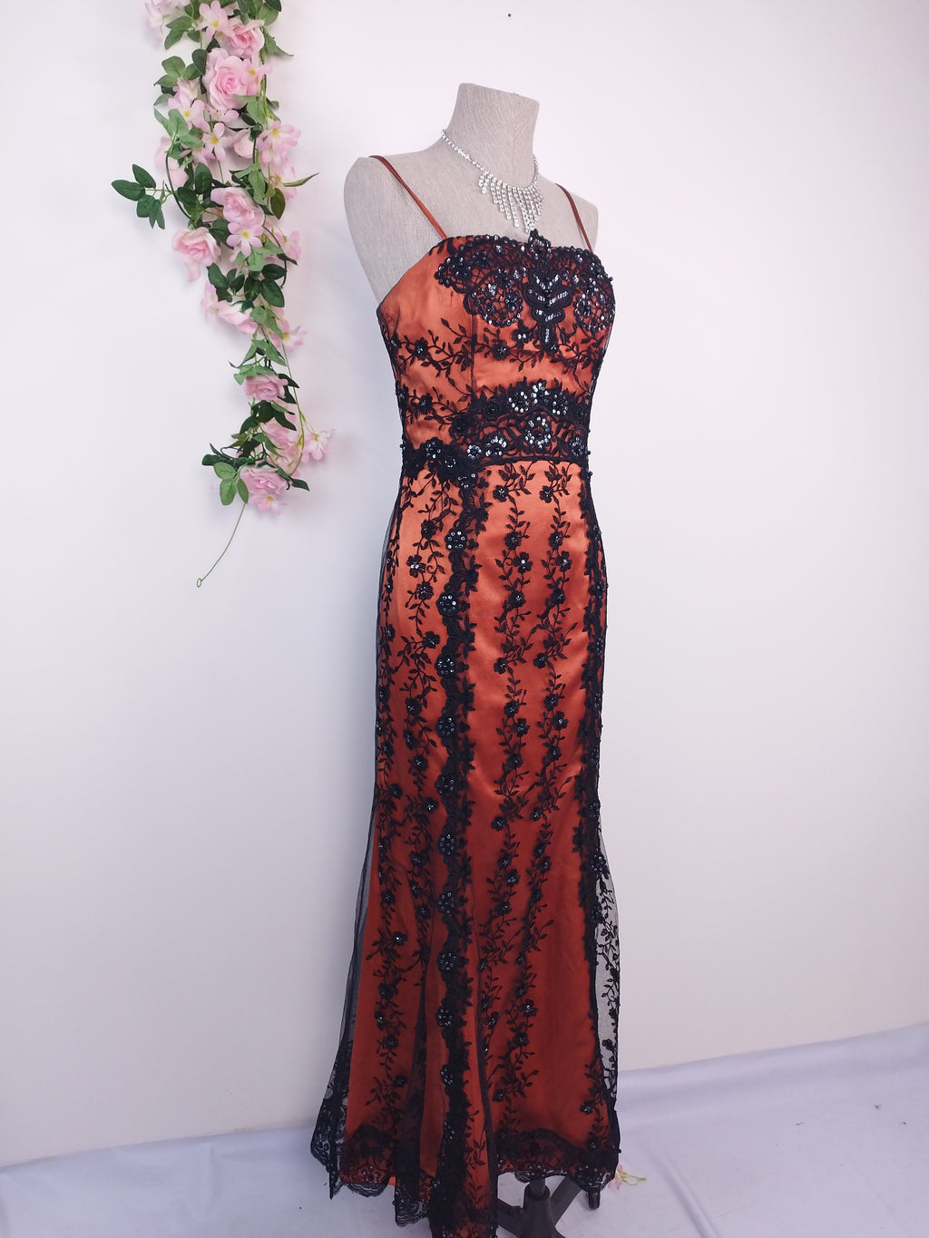 Rust Y2K mermaid gown — Black lace & crystal sequin floral