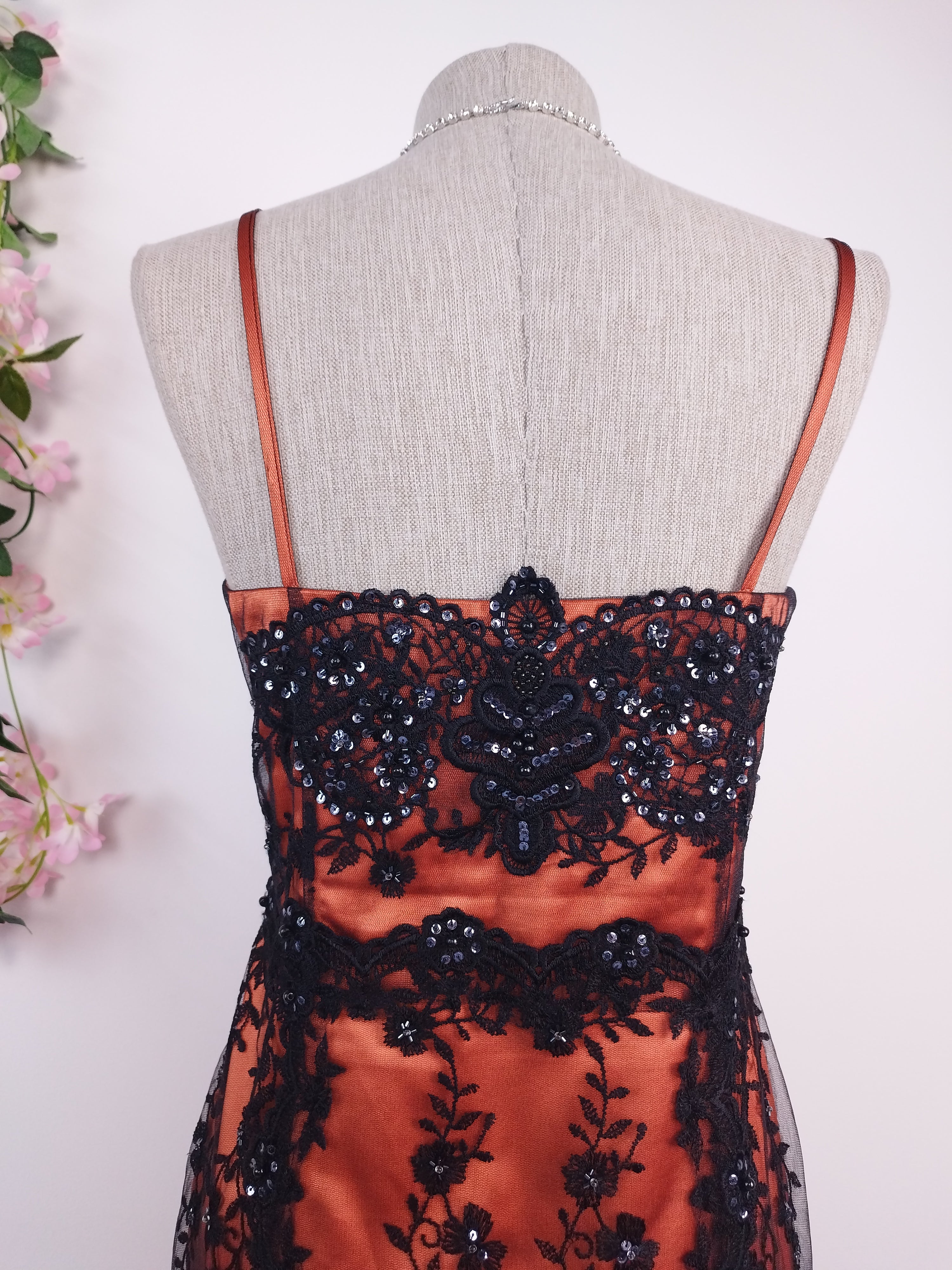 Rust Y2K mermaid gown — Black lace & crystal sequin floral