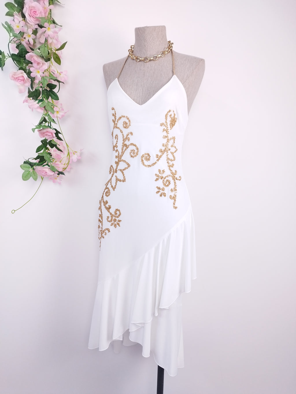 White Y2K gold sequin dress — Made in Italy halter midi