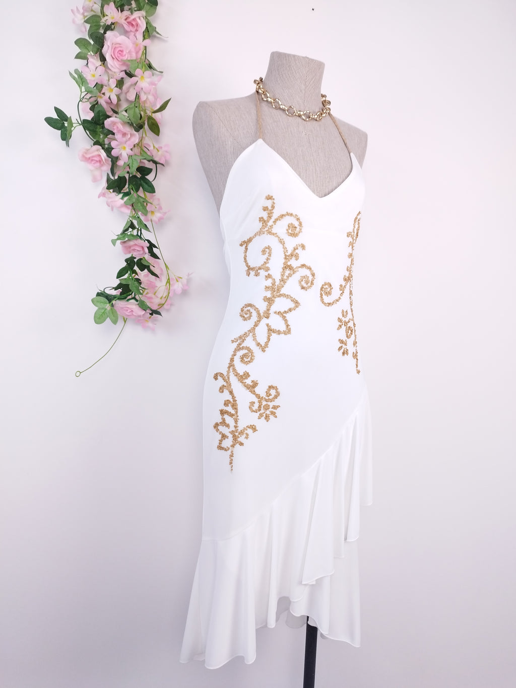 White Y2K gold sequin dress — Made in Italy halter midi