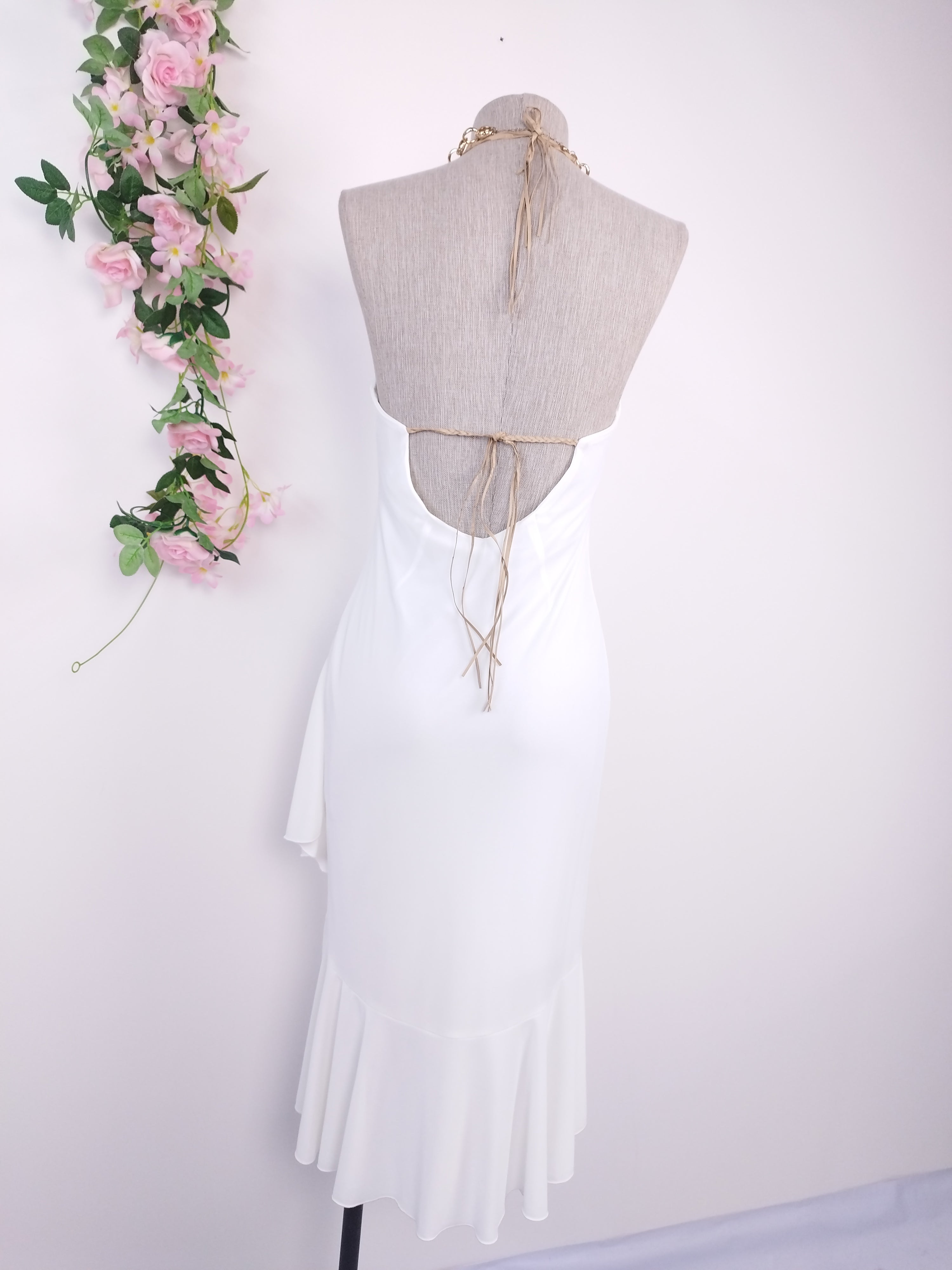 White Y2K gold sequin dress — Made in Italy halter midi