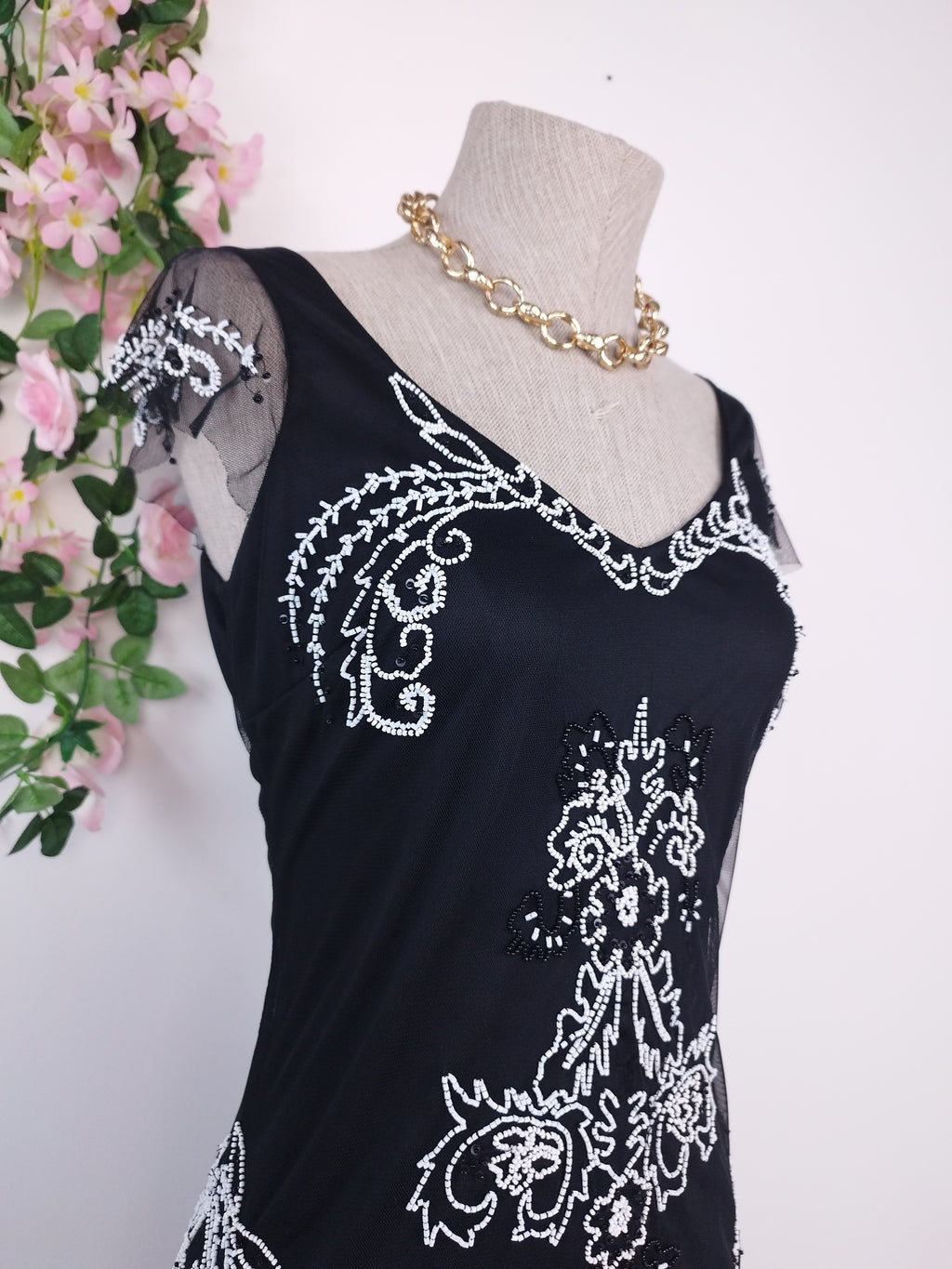 Black Y2K beaded gown — White floral baroque, asymmetrical hem