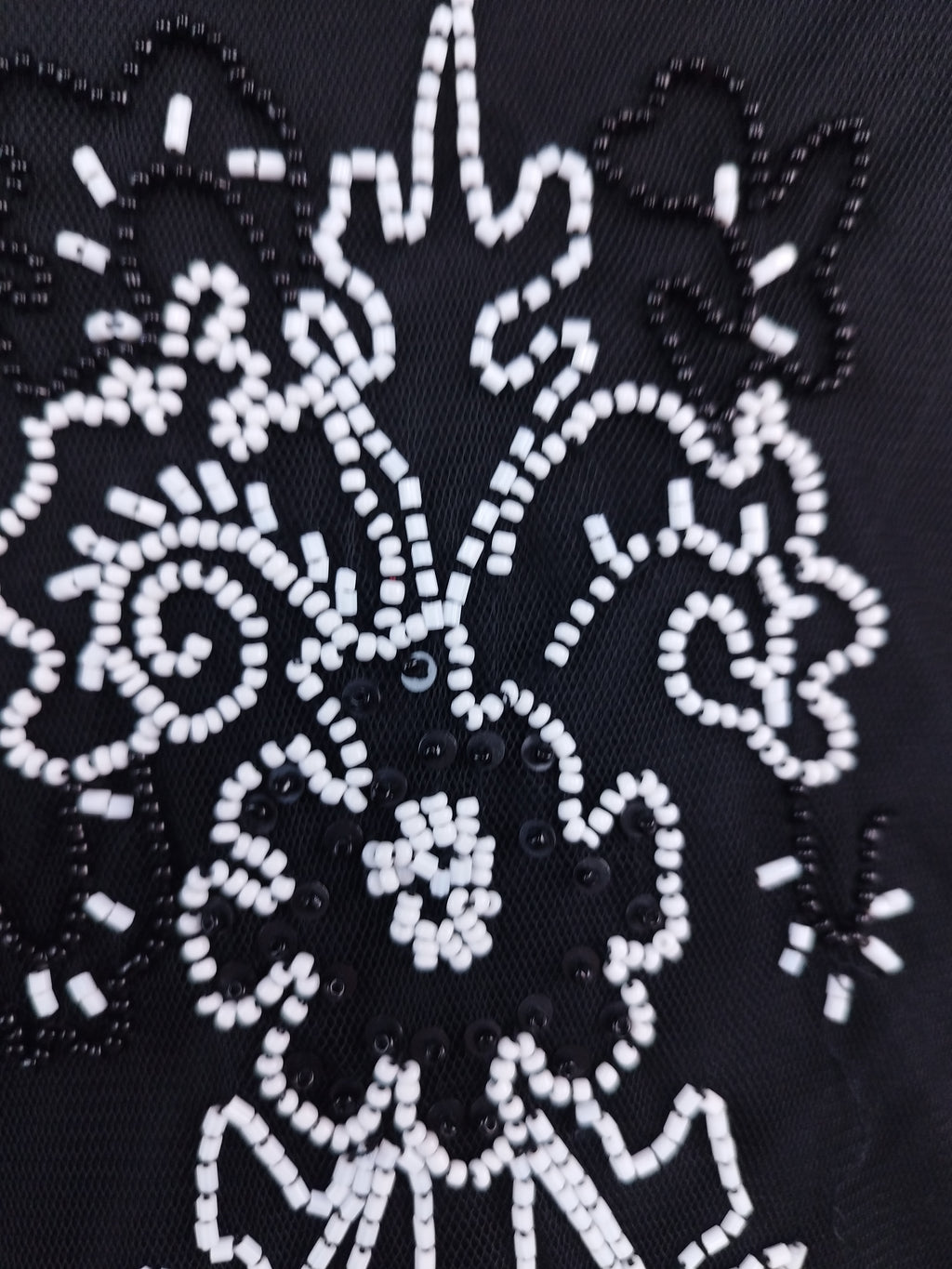 Black Y2K beaded gown — White floral baroque, asymmetrical hem