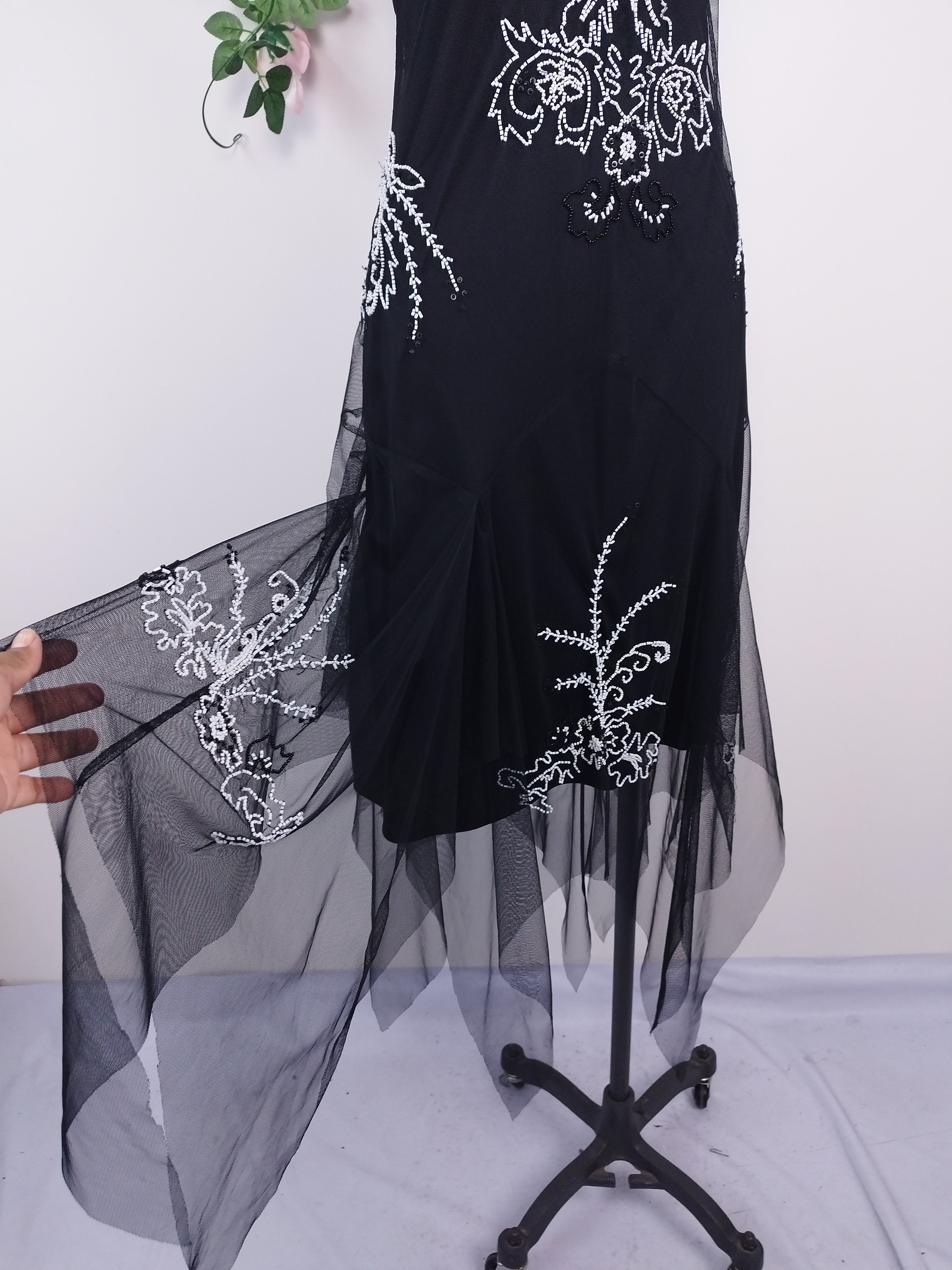 Black Y2K beaded gown — White floral baroque, asymmetrical hem