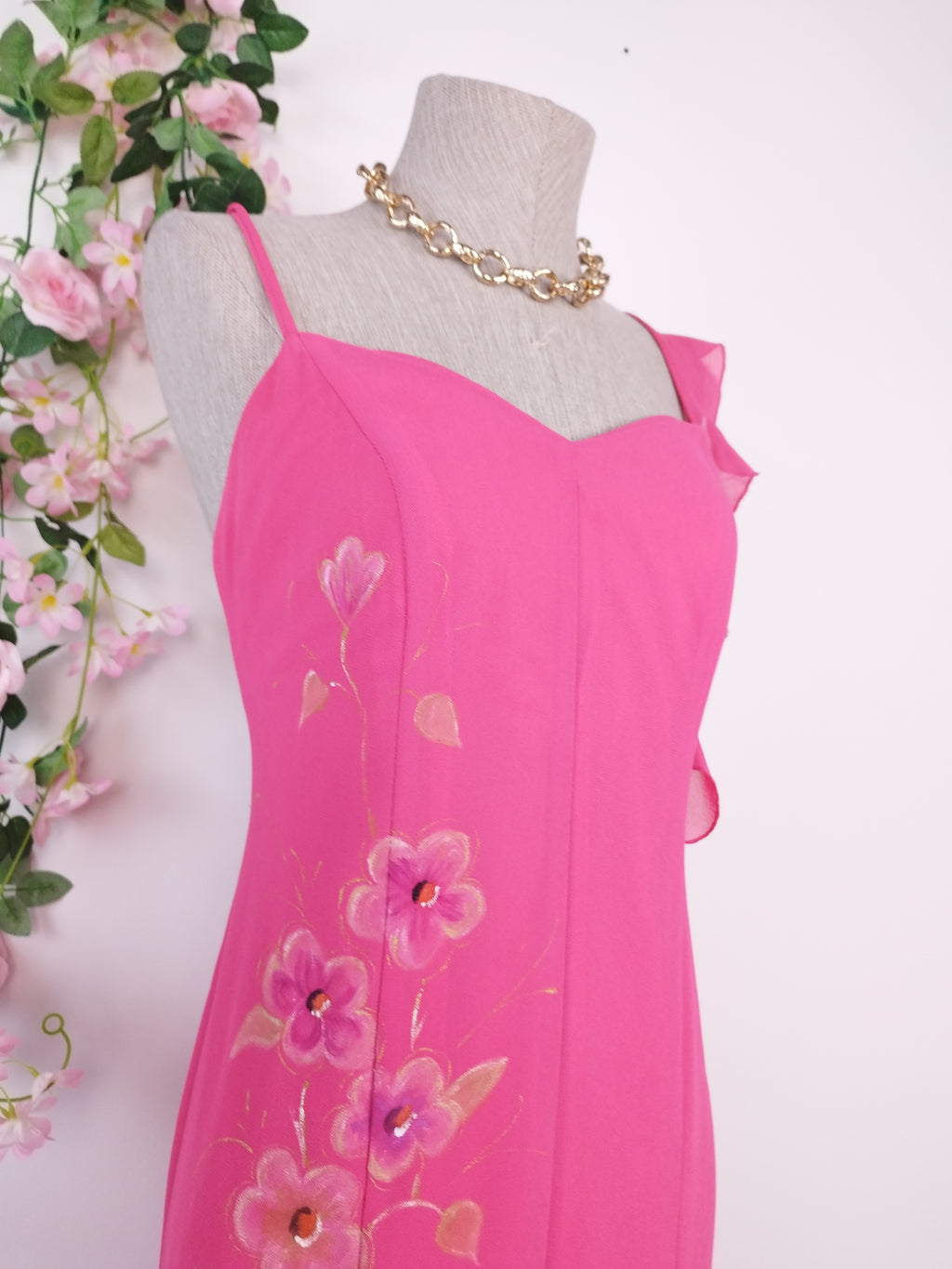 Y2K hand-painted pink gown — Gold florals, asymmetrical ruffle, criss-cross back