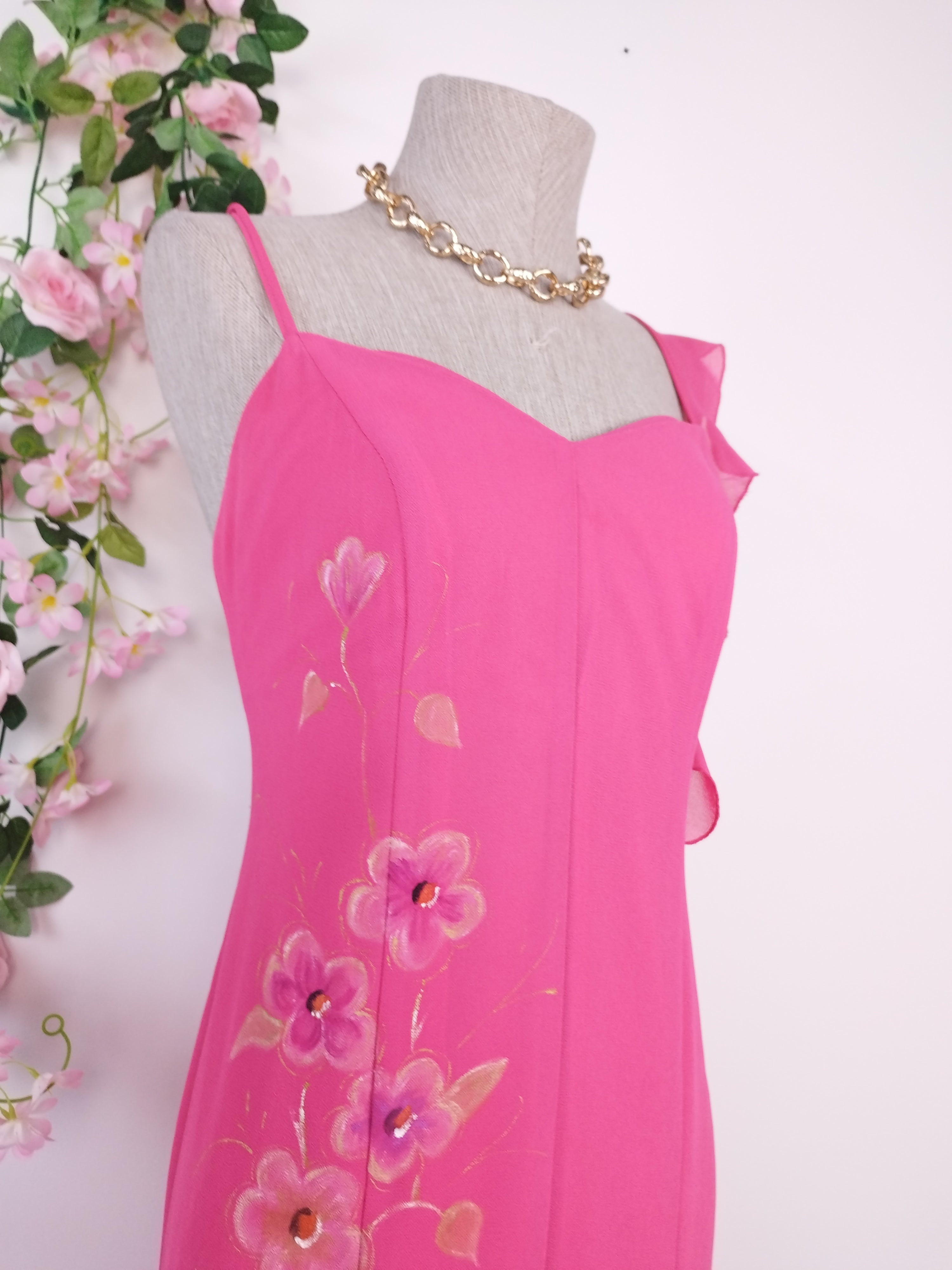 Y2K hand-painted pink gown — Gold florals, asymmetrical ruffle, criss-cross back