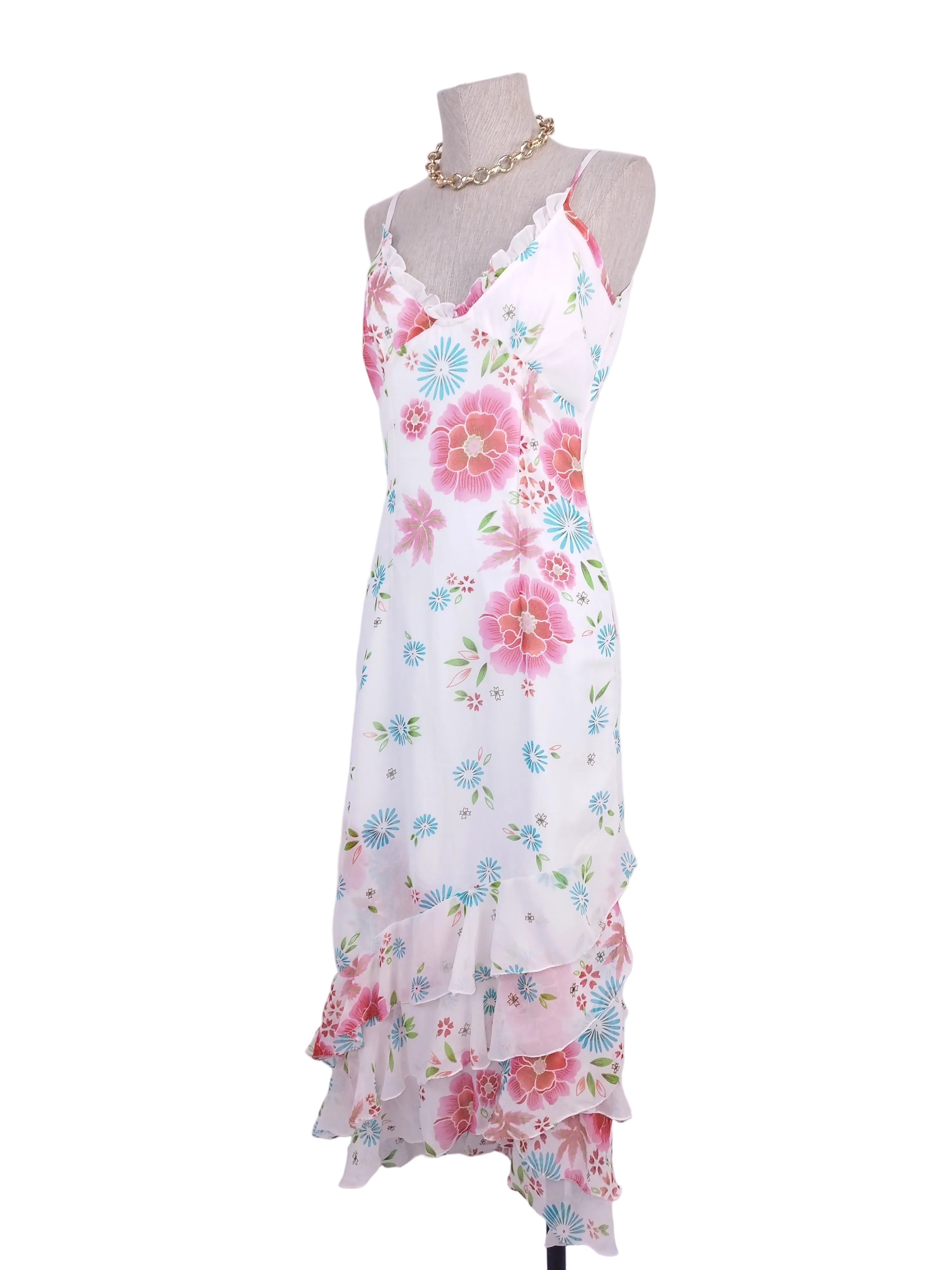 White pastel floral Y2K slip dress — Vintage 2000s boho summer