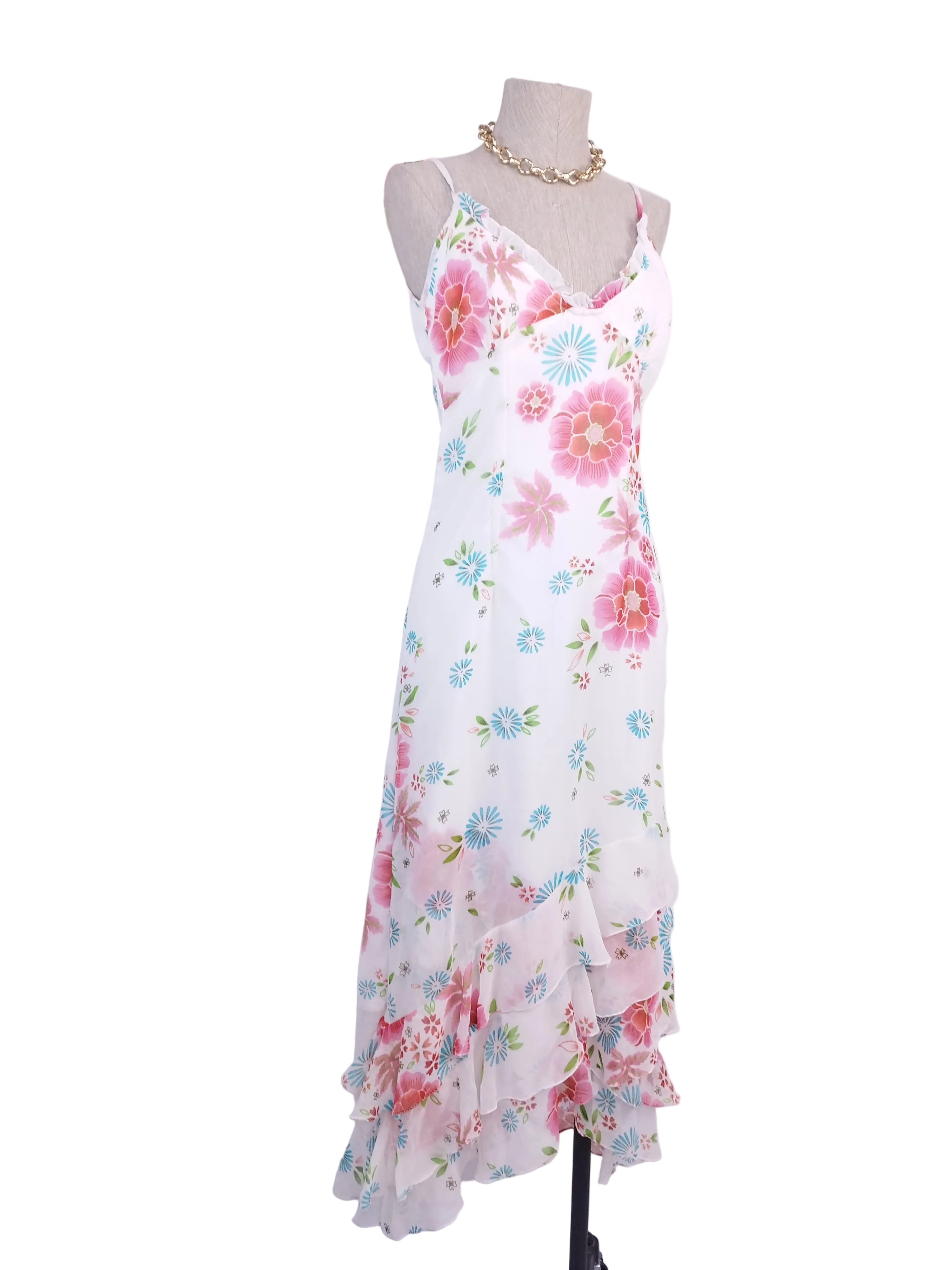 White pastel floral Y2K slip dress — Vintage 2000s boho summer