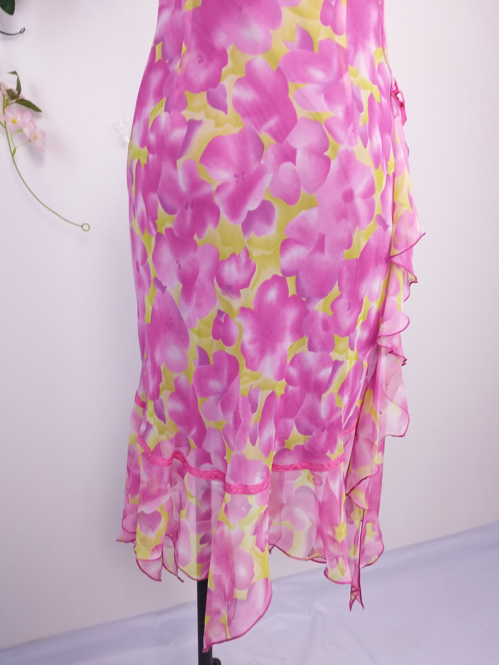 Y2K fairycore chiffon dress — Fuchsia lemon florals, ruffled straps