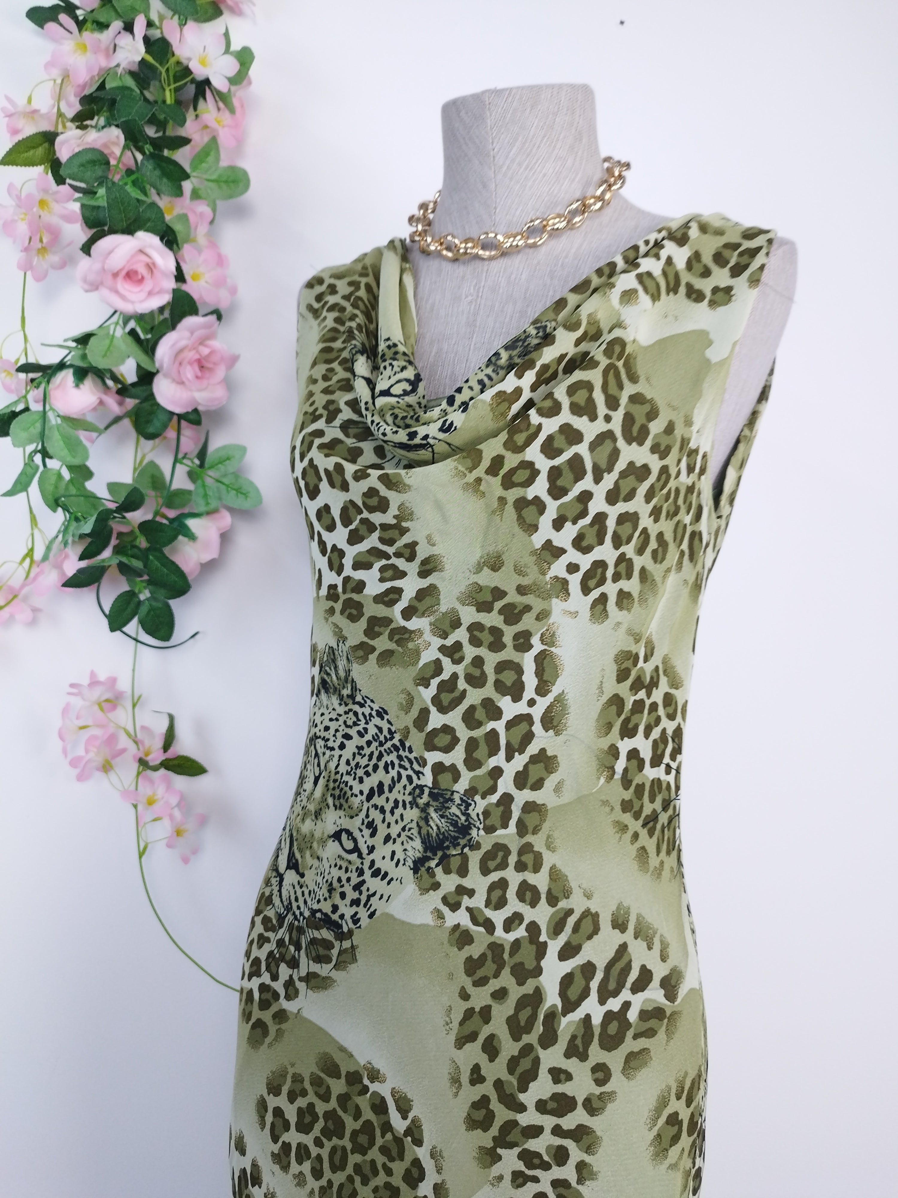 Olive leopard Y2K maxi dress — Vintage 2000s draped slip boho
