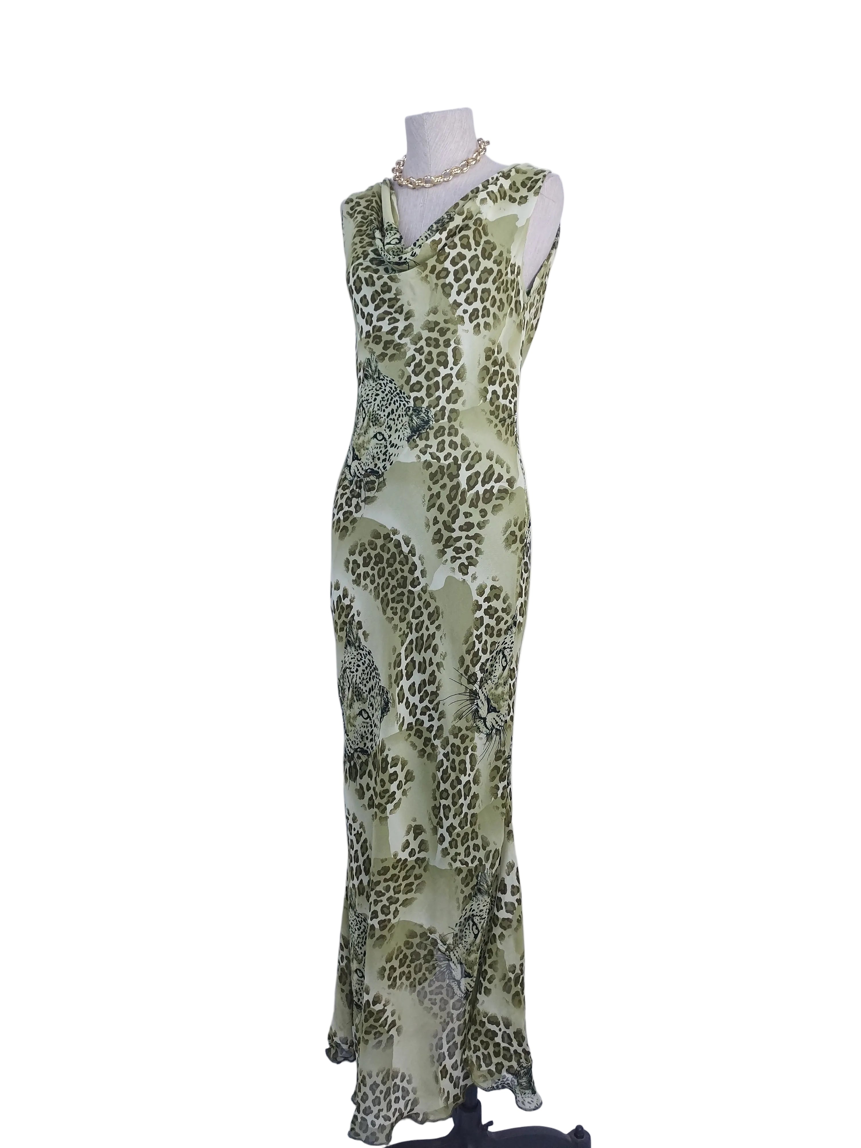 Olive leopard Y2K maxi dress — Vintage 2000s draped slip boho