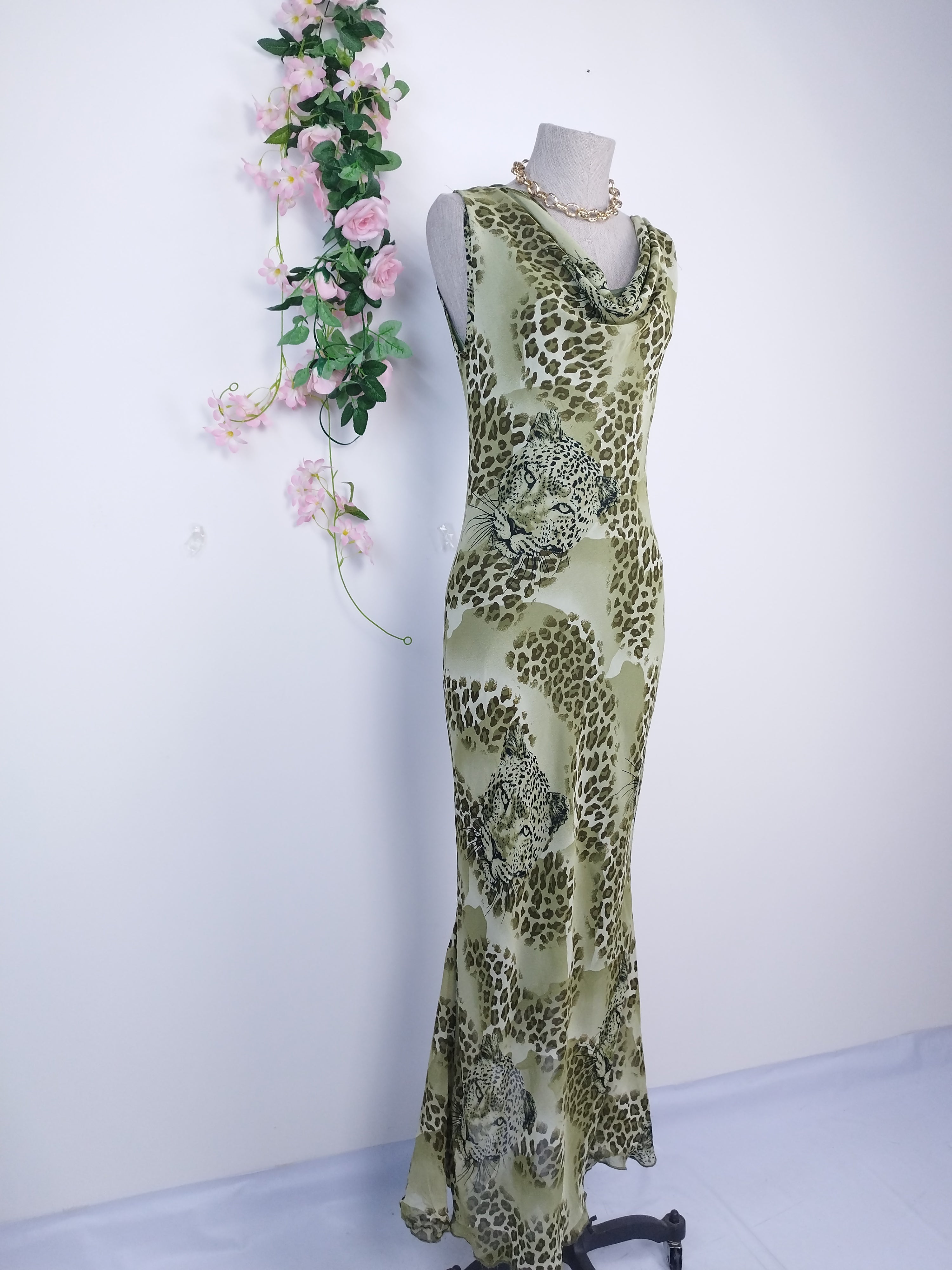 Olive leopard Y2K maxi dress — Vintage 2000s draped slip boho