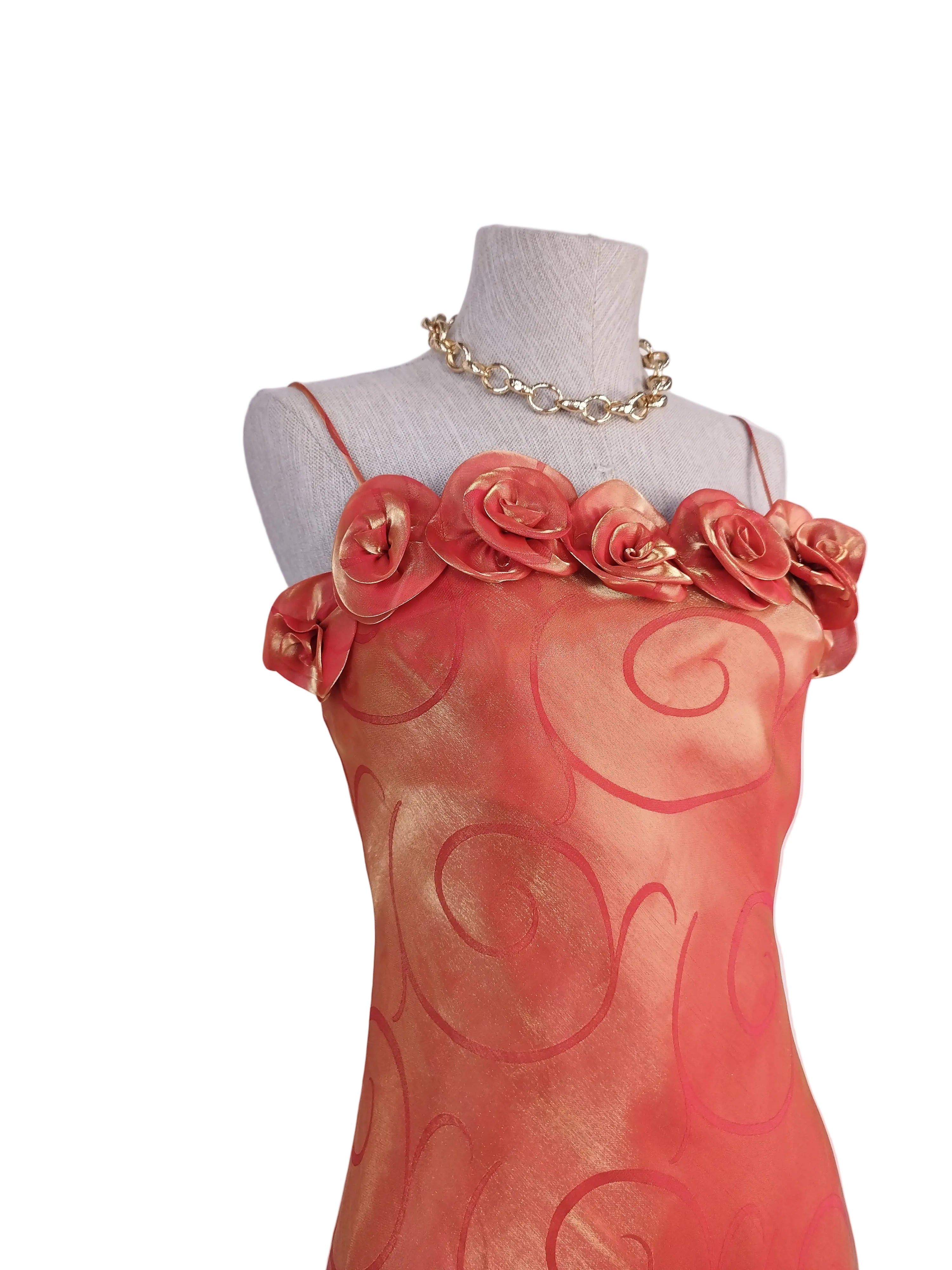 2000s iridescent coral satin gown — 3D roses, adjustable straps