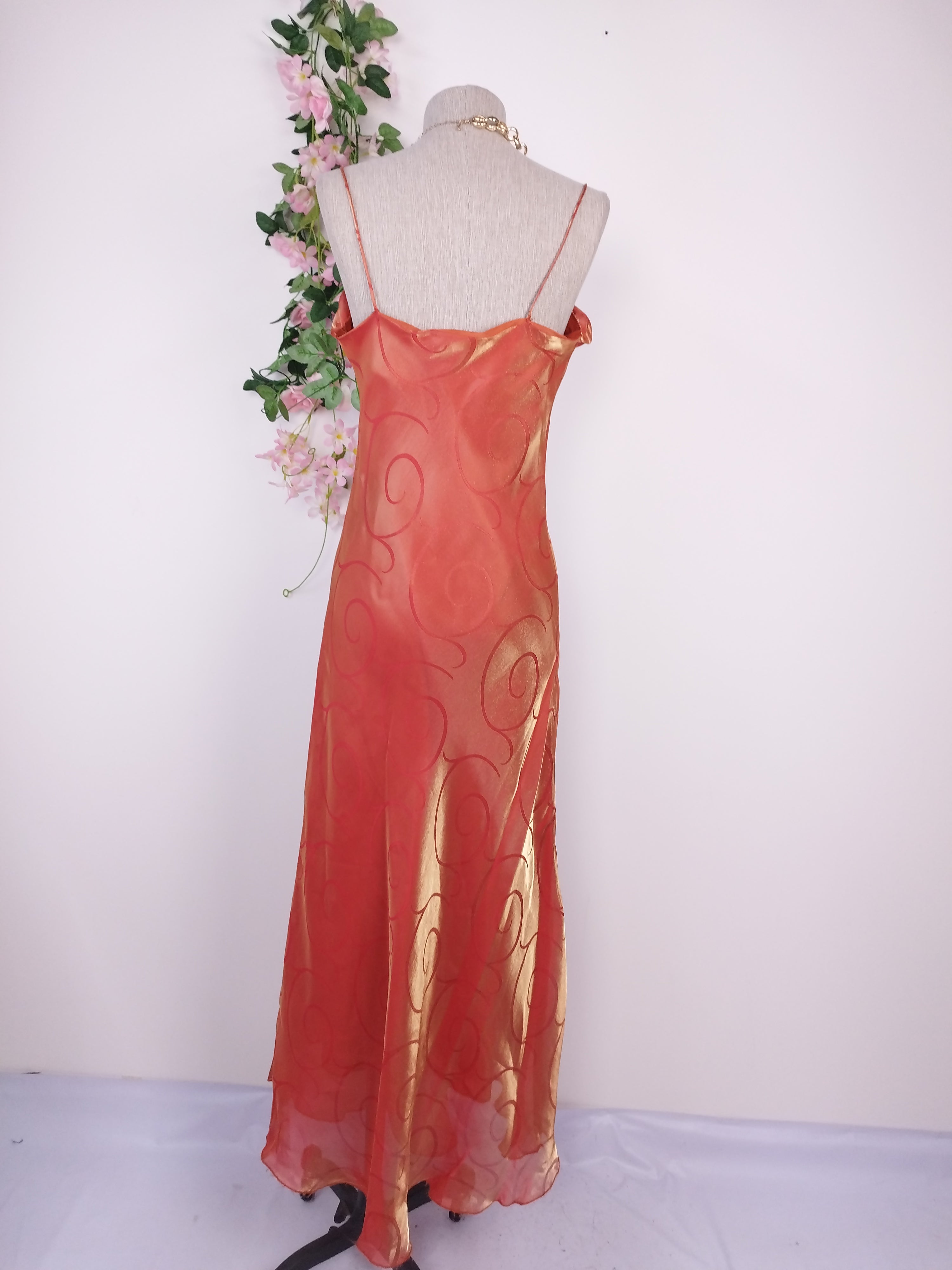 2000s iridescent coral satin gown — 3D roses, adjustable straps