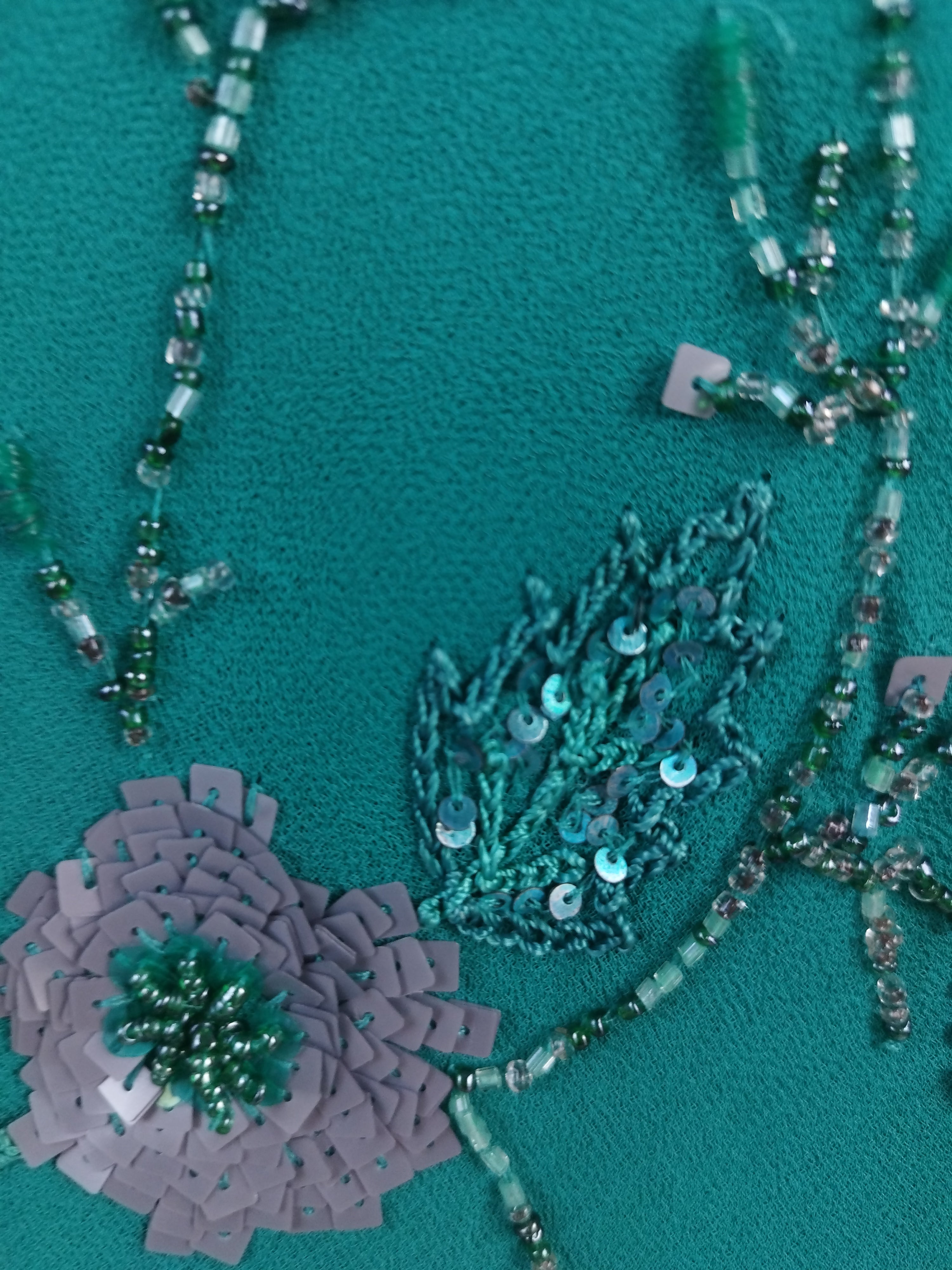 Y2K turquoise slip 2000s dress — Silver beaded florals, double ruffle skirt