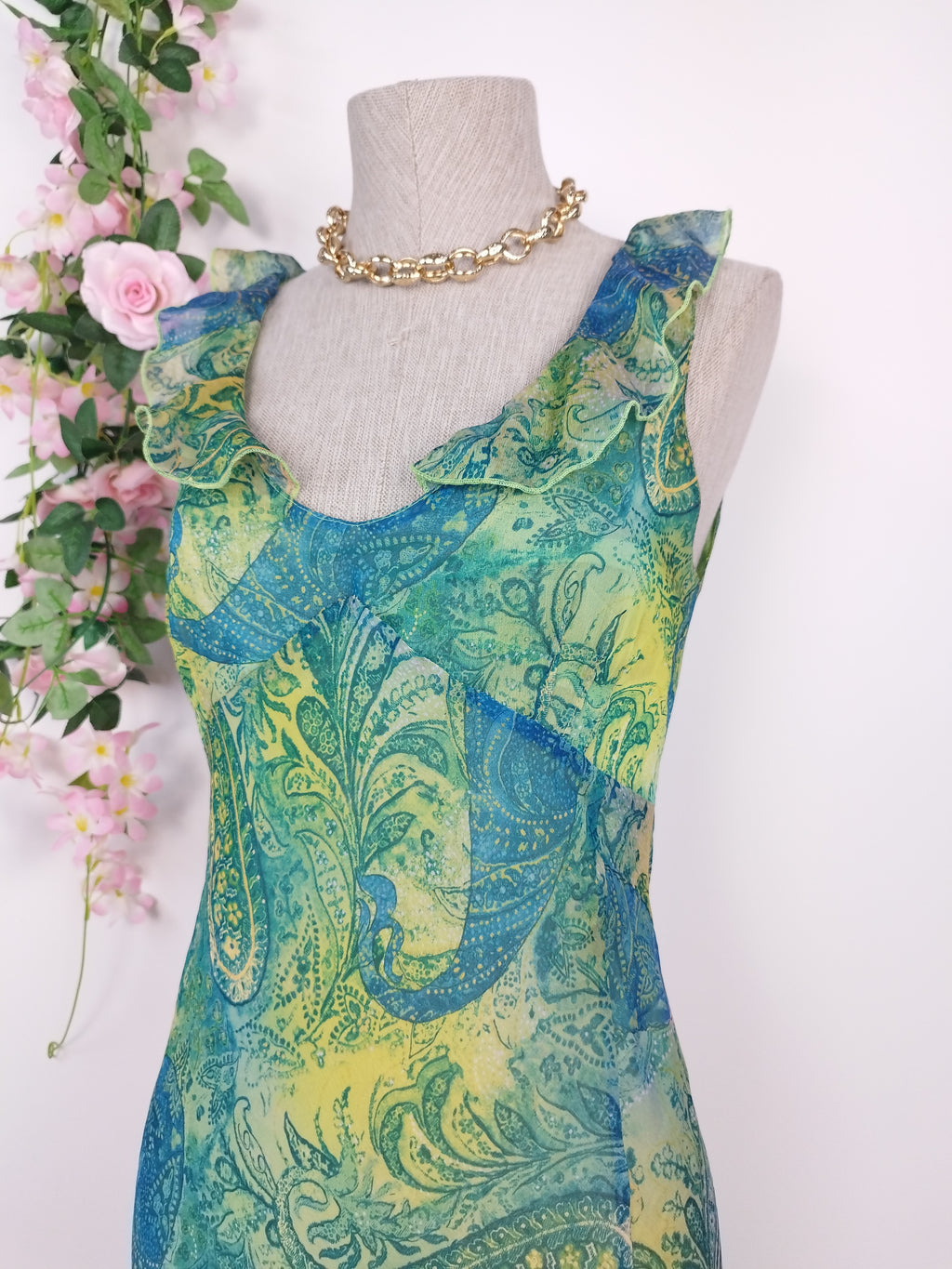 Y2K paisley chiffon maxi — Teal lime ruffle slit, V-neck cap sleeves