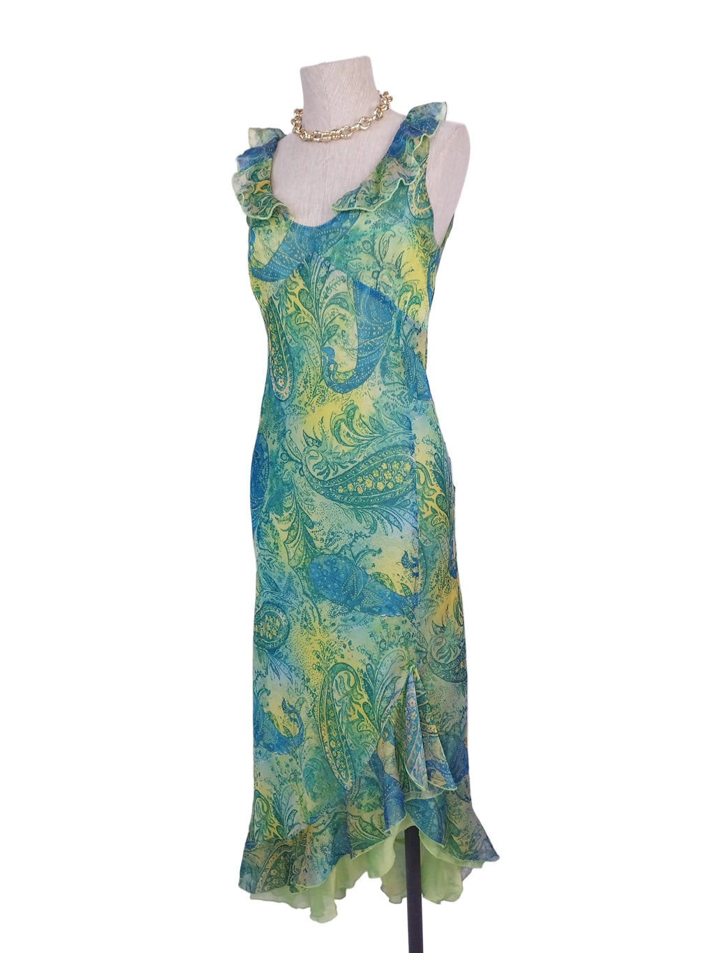 Y2K paisley chiffon maxi — Teal lime ruffle slit, V-neck cap sleeves