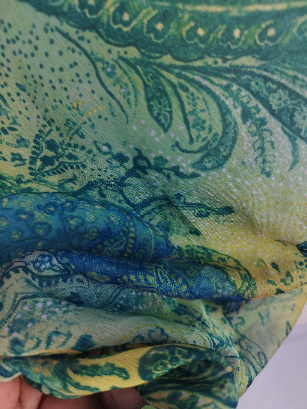 Y2K paisley chiffon maxi — Teal lime ruffle slit, V-neck cap sleeves