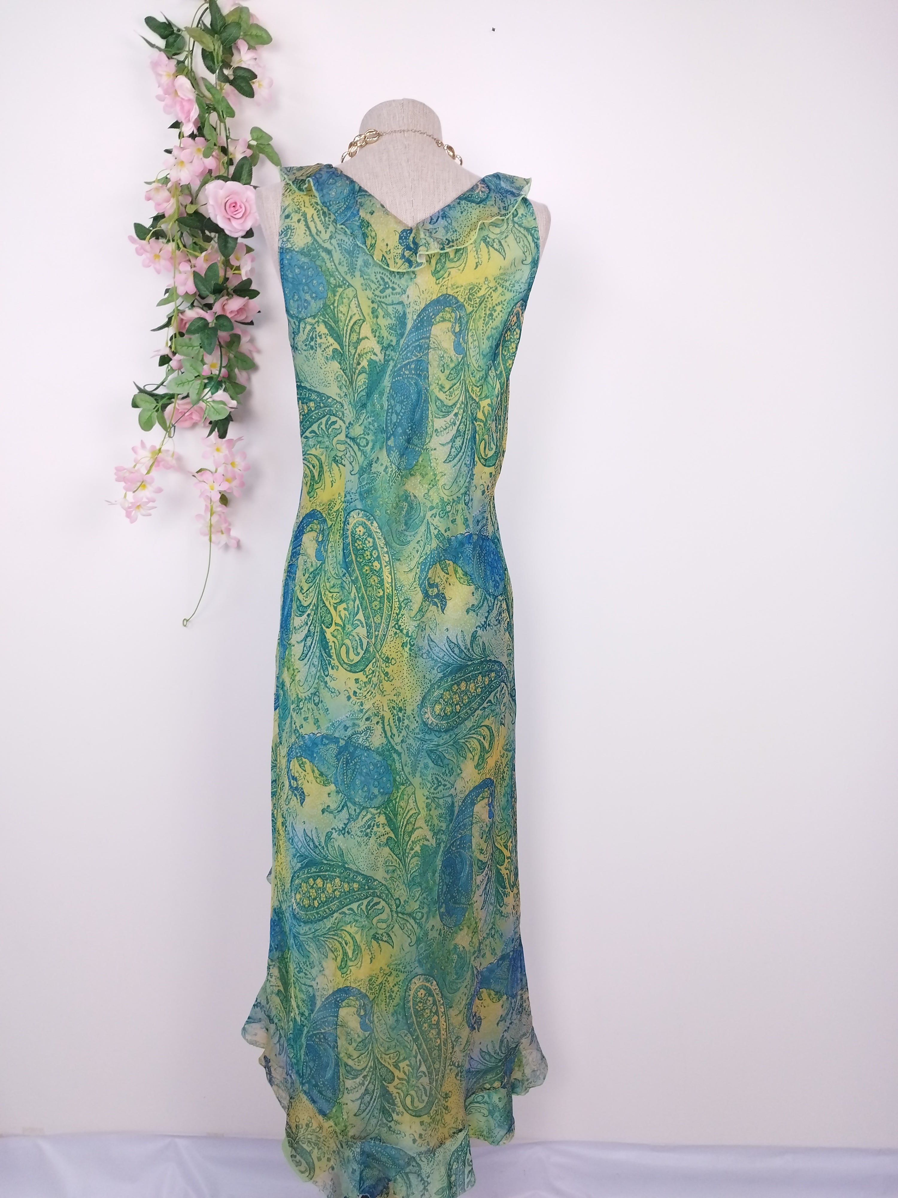 Y2K paisley chiffon maxi — Teal lime ruffle slit, V-neck cap sleeves