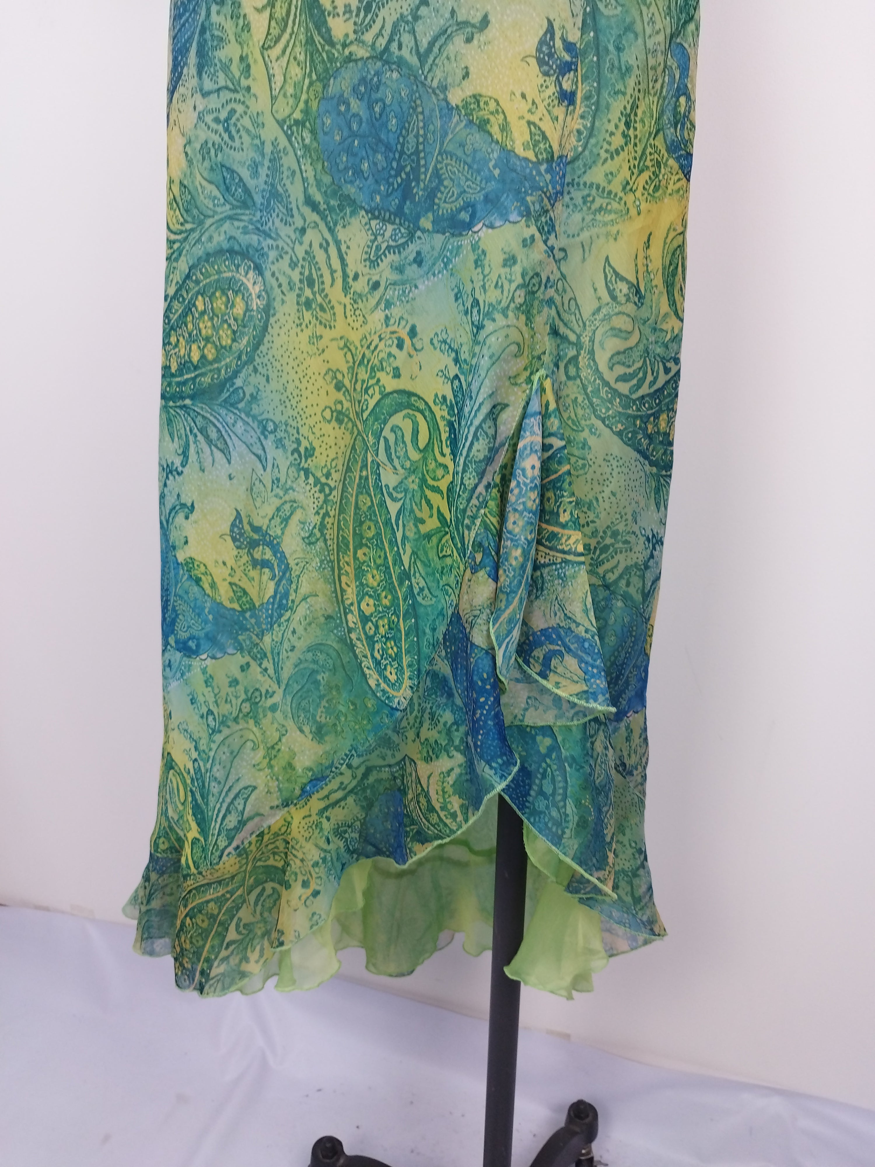 Y2K paisley chiffon maxi — Teal lime ruffle slit, V-neck cap sleeves