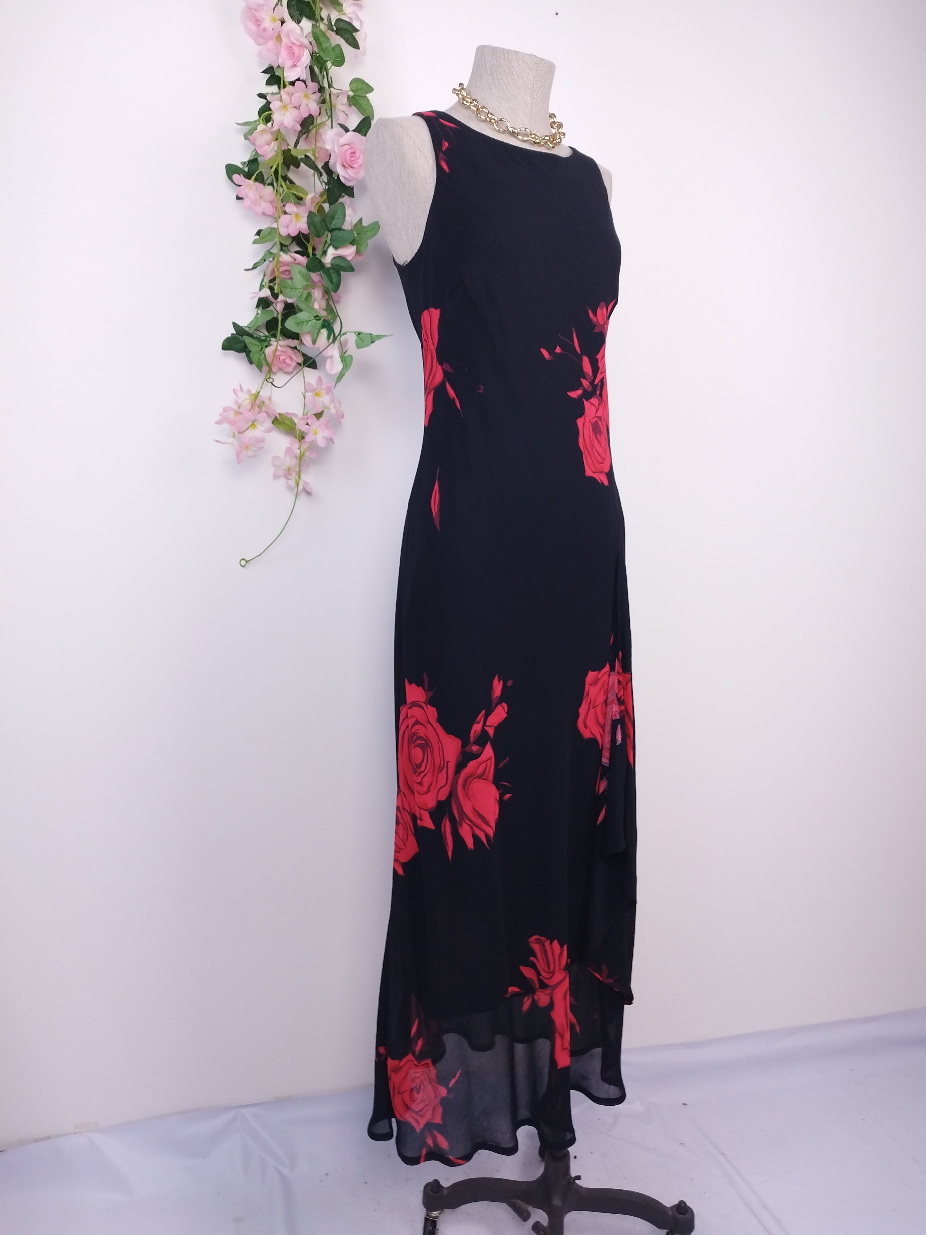 Y2K black chiffon maxi — Bold red roses, asymmetrical sheer hem
