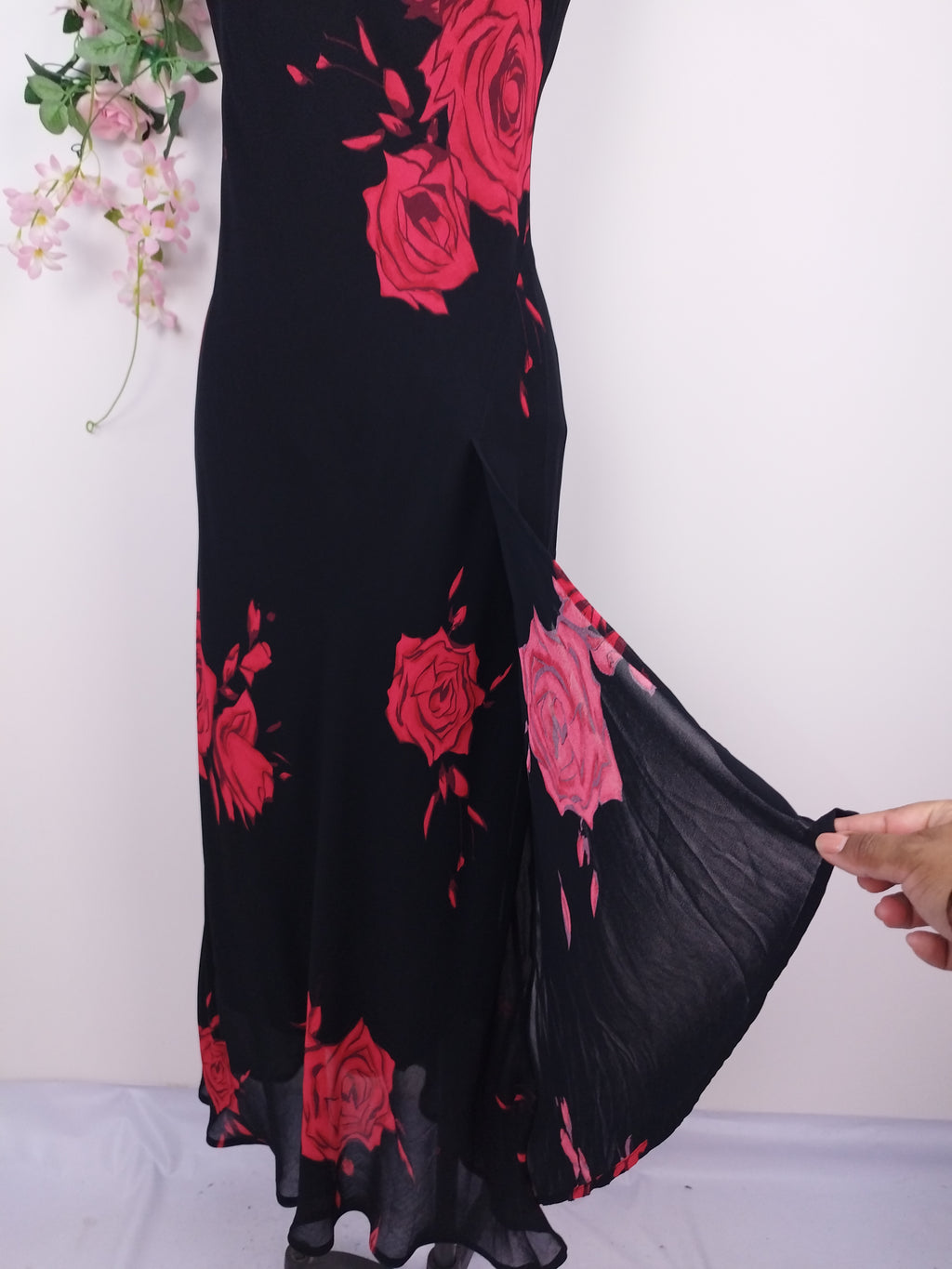 Y2K black chiffon maxi — Bold red roses, asymmetrical sheer hem