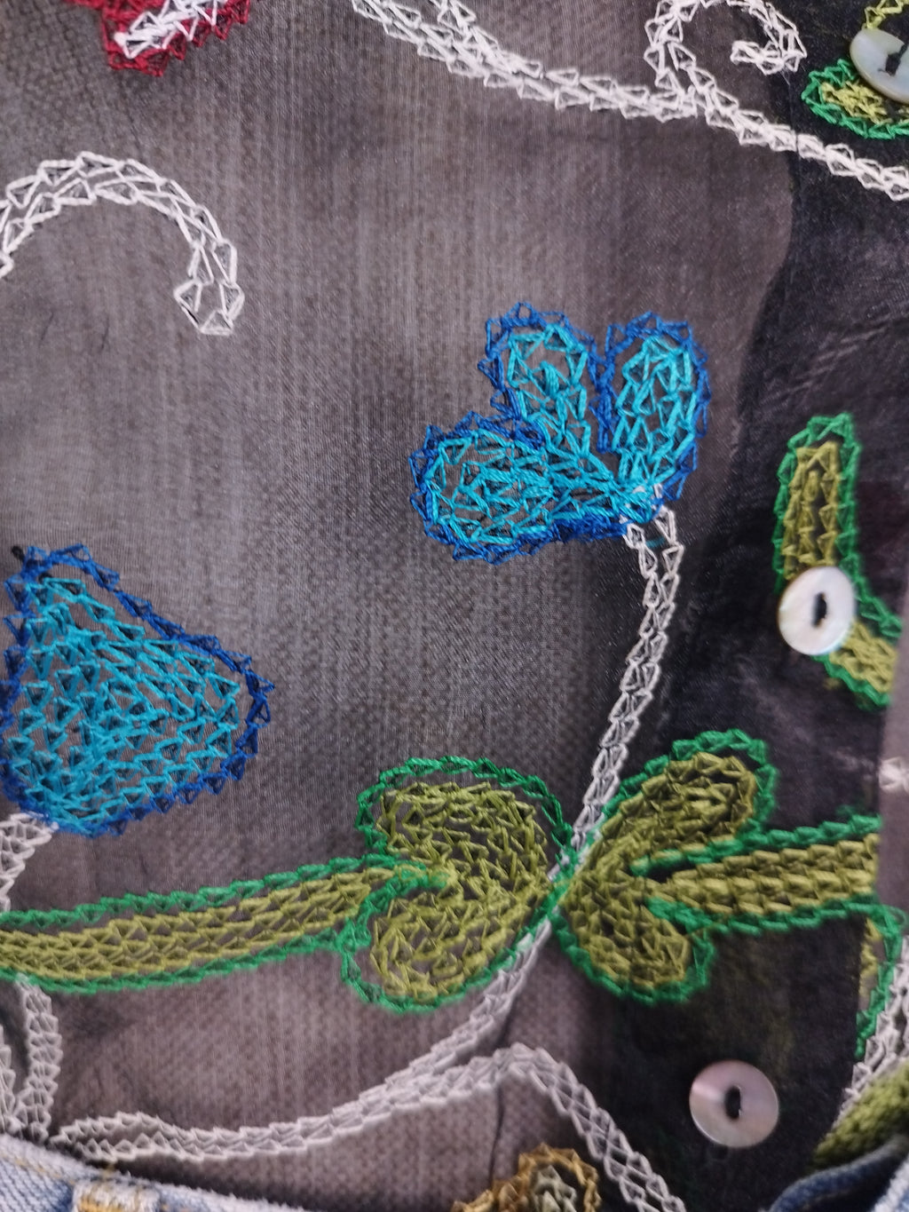 Vintage 90s Organza Blouse — Long Sleeves, Floral Embroidery & Semi-Transparent Black