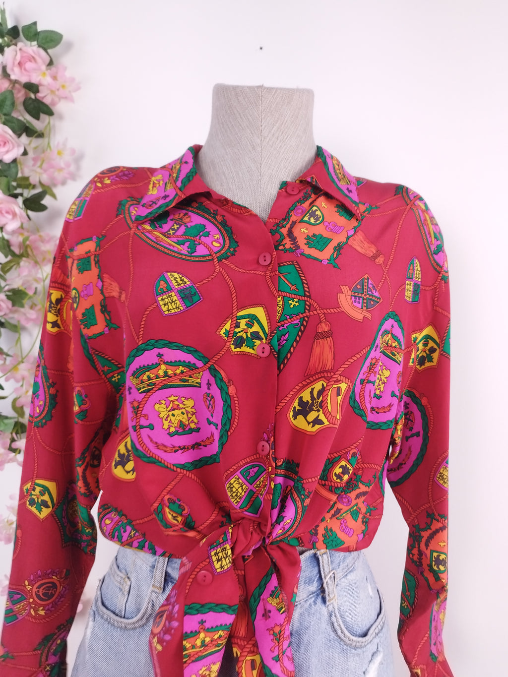 Vintage 90s Chiffon Blouse — Long Sleeves, Colorful Paisley & Red Base