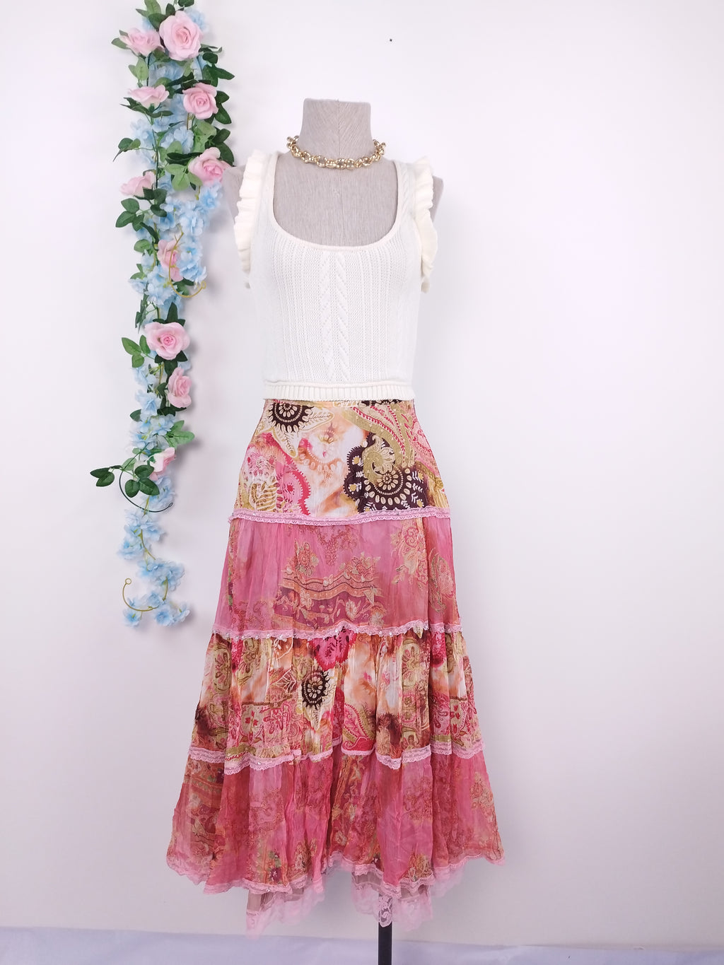 Falda Larga Vintage 2000er 100 % Seda Boho