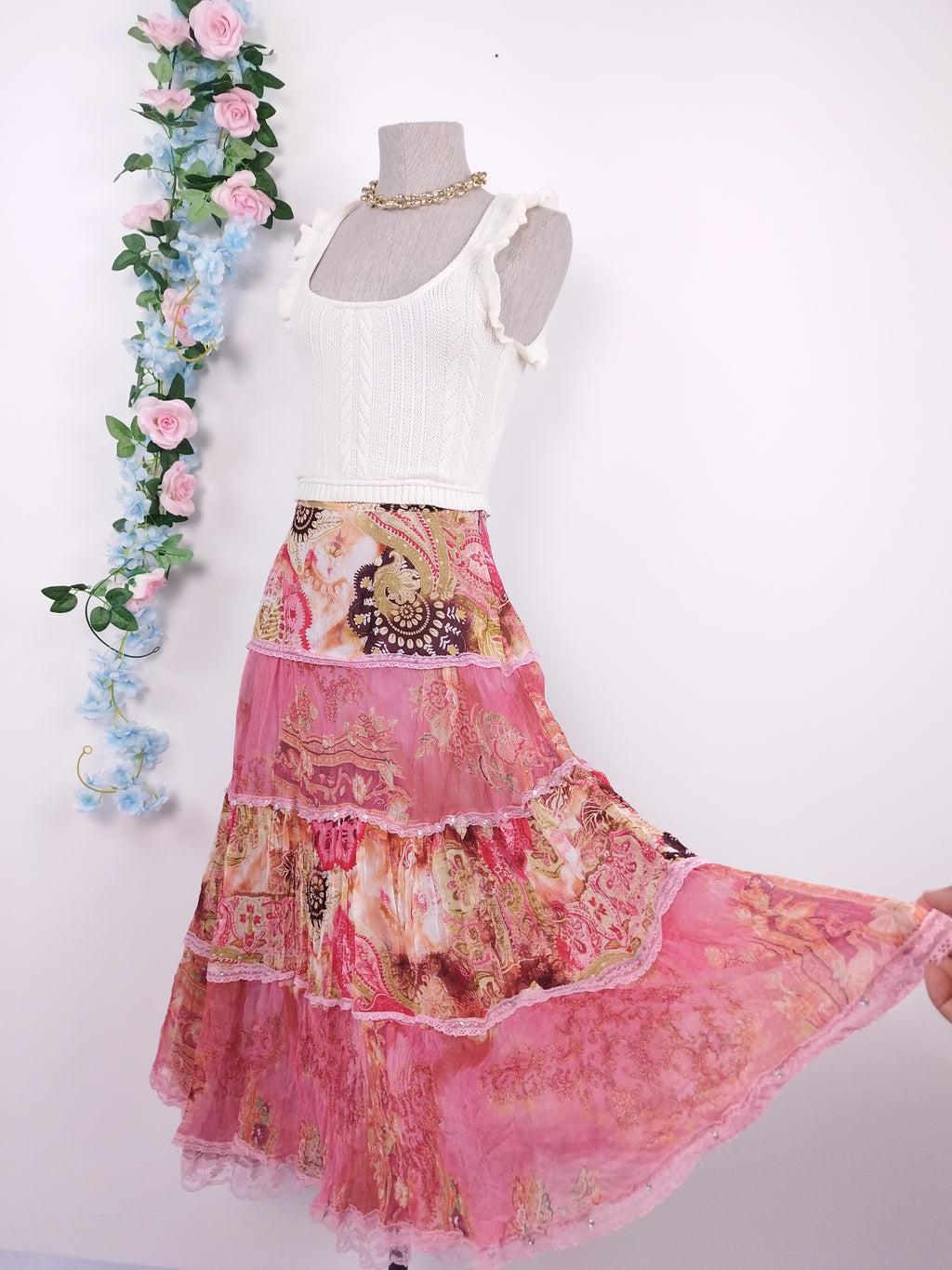 Falda Larga Vintage 2000er 100 % Seda Boho