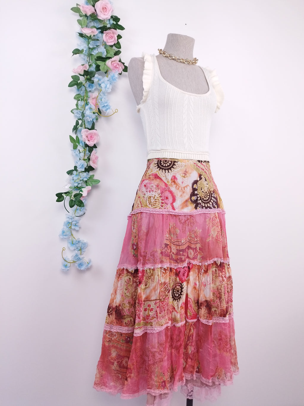 Falda Larga Vintage 2000er 100 % Seda Boho