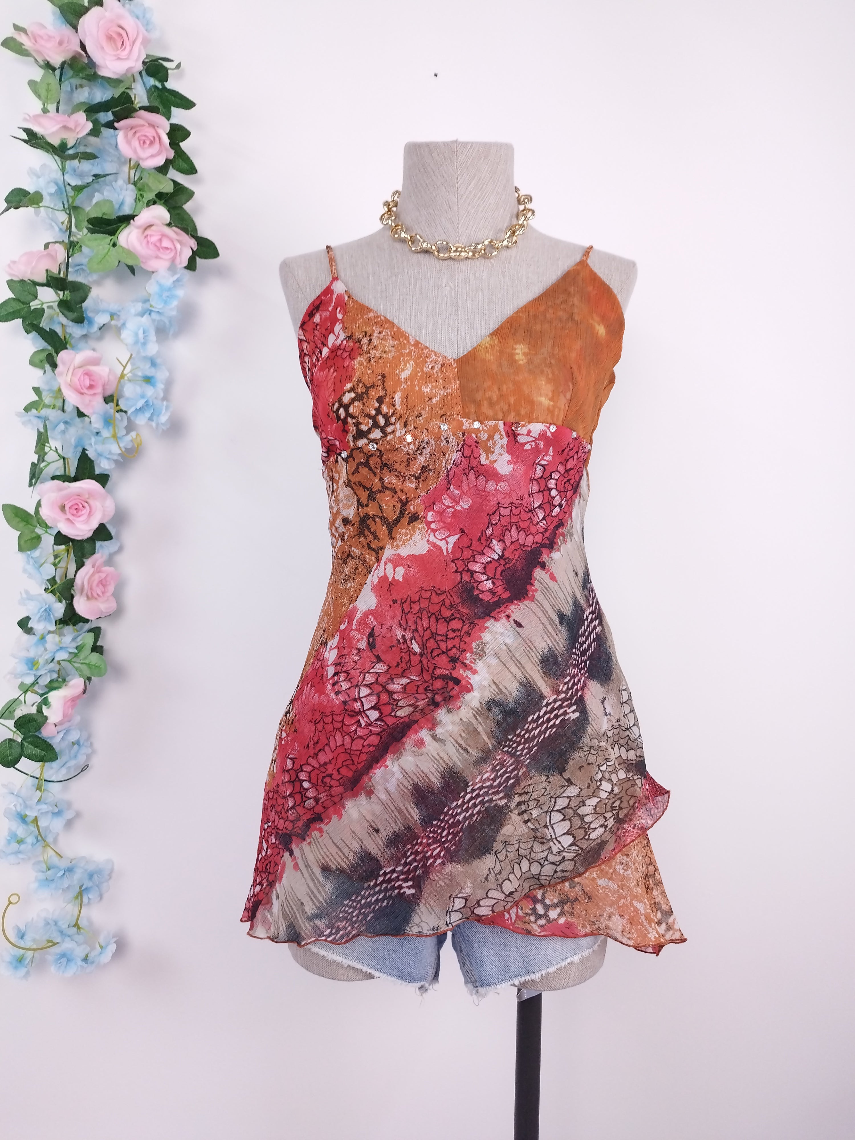Vintage Chiffon-Top aus den 2000er Jahren (Y2K) – V-Ausschnitt, Ibiza-Print &amp; asymmetrische Lagen