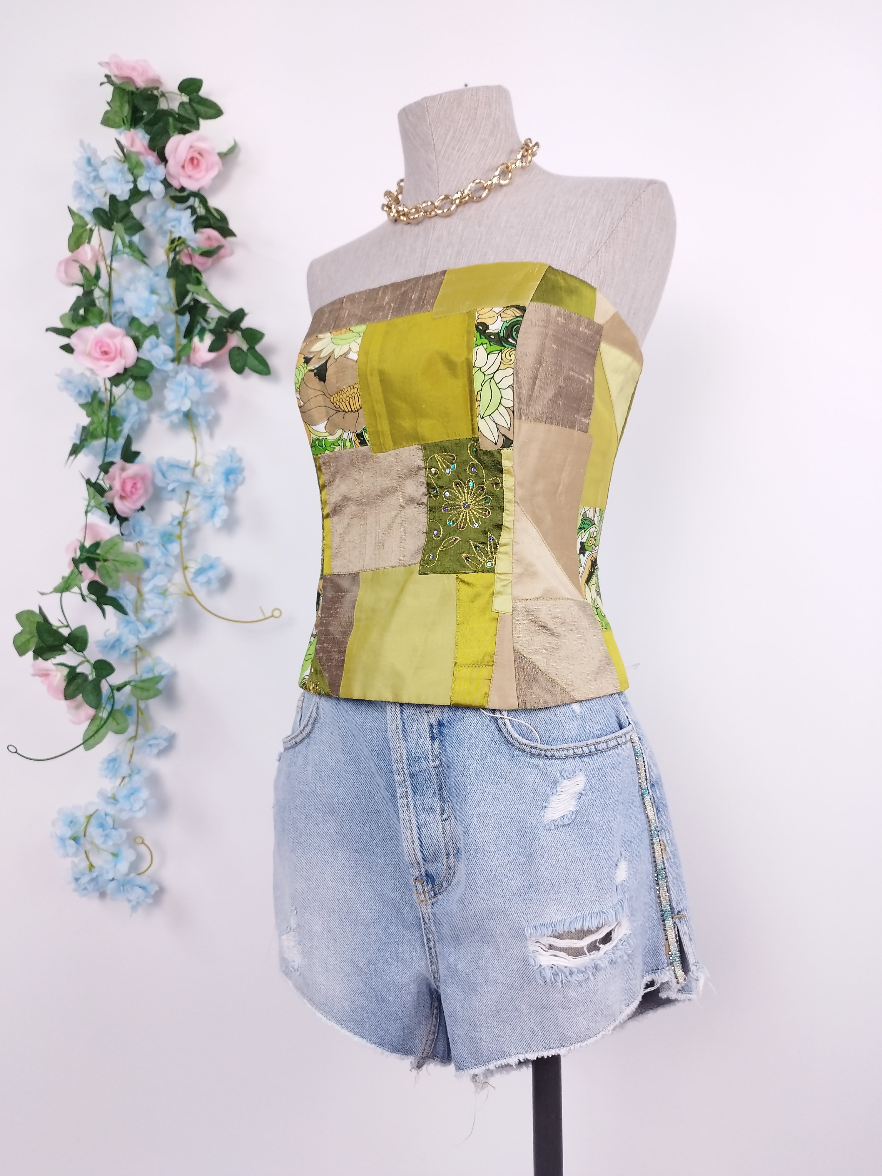 Vintage Y2K-Korsett – trägerlos, Patchwork und verstellbare Rückenschnürung