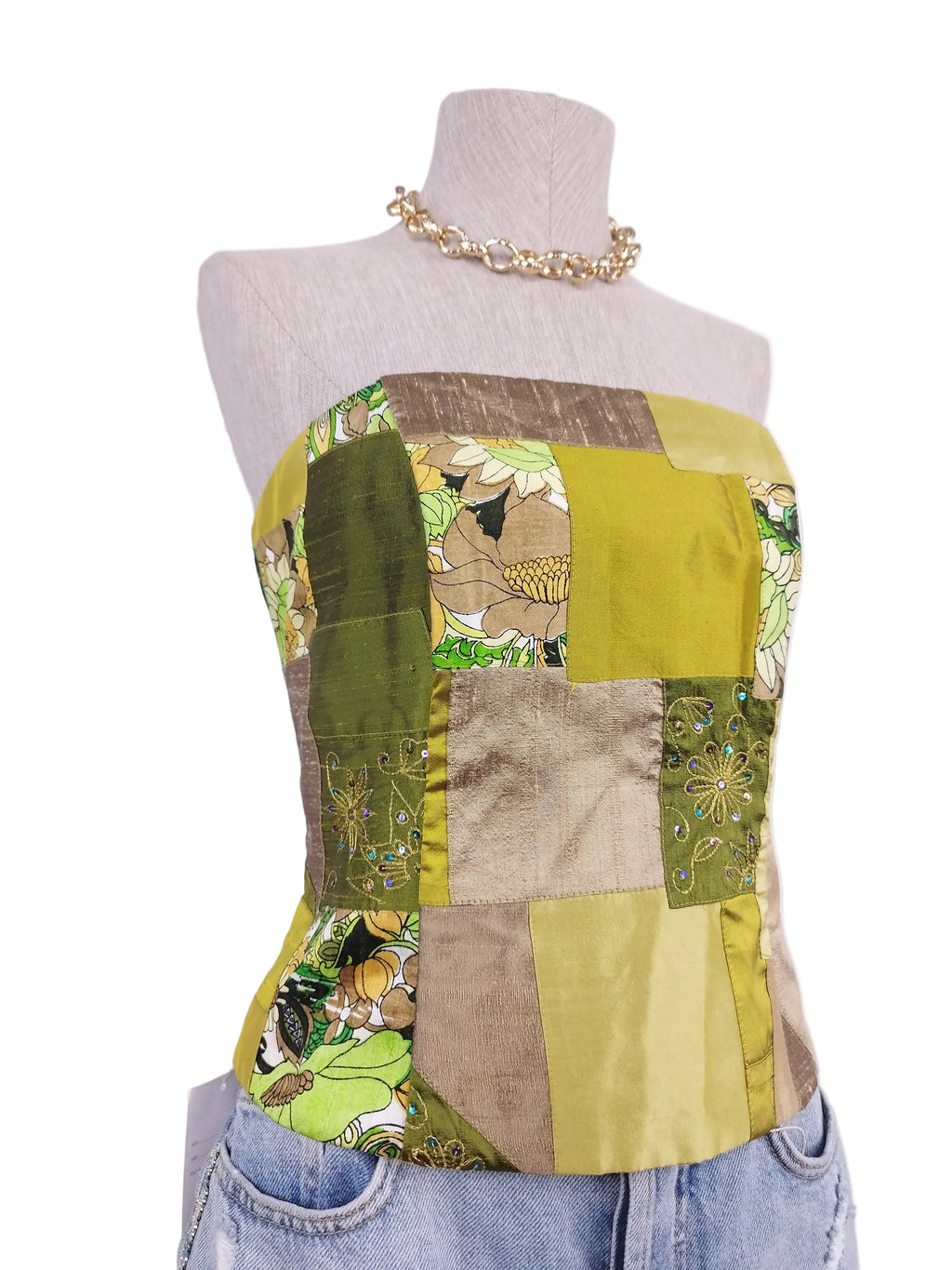 Vintage Y2K Corset — Strapless, Patchwork & Adjustable Back Tie