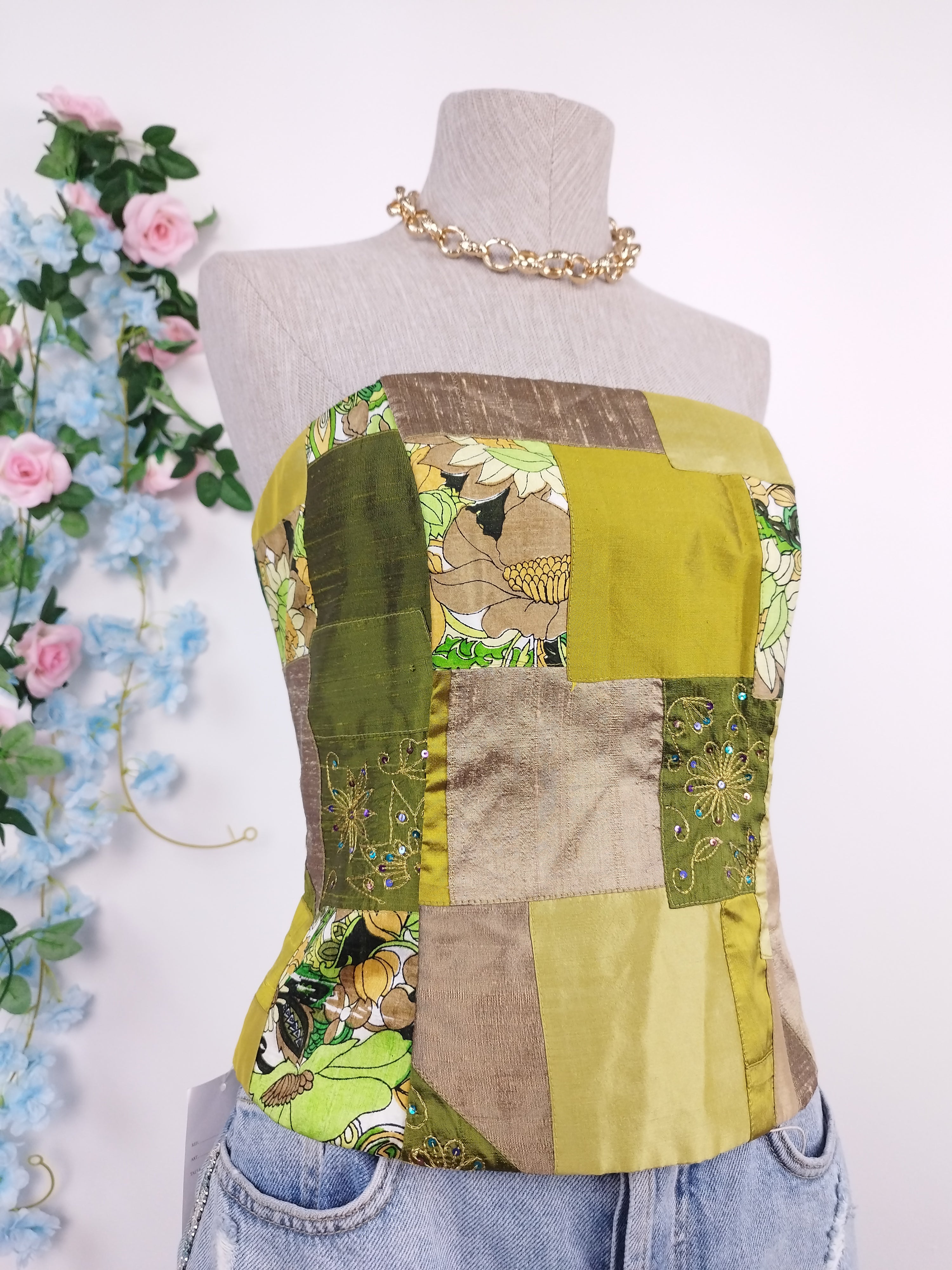 Vintage Y2K-Korsett – trägerlos, Patchwork und verstellbare Rückenschnürung