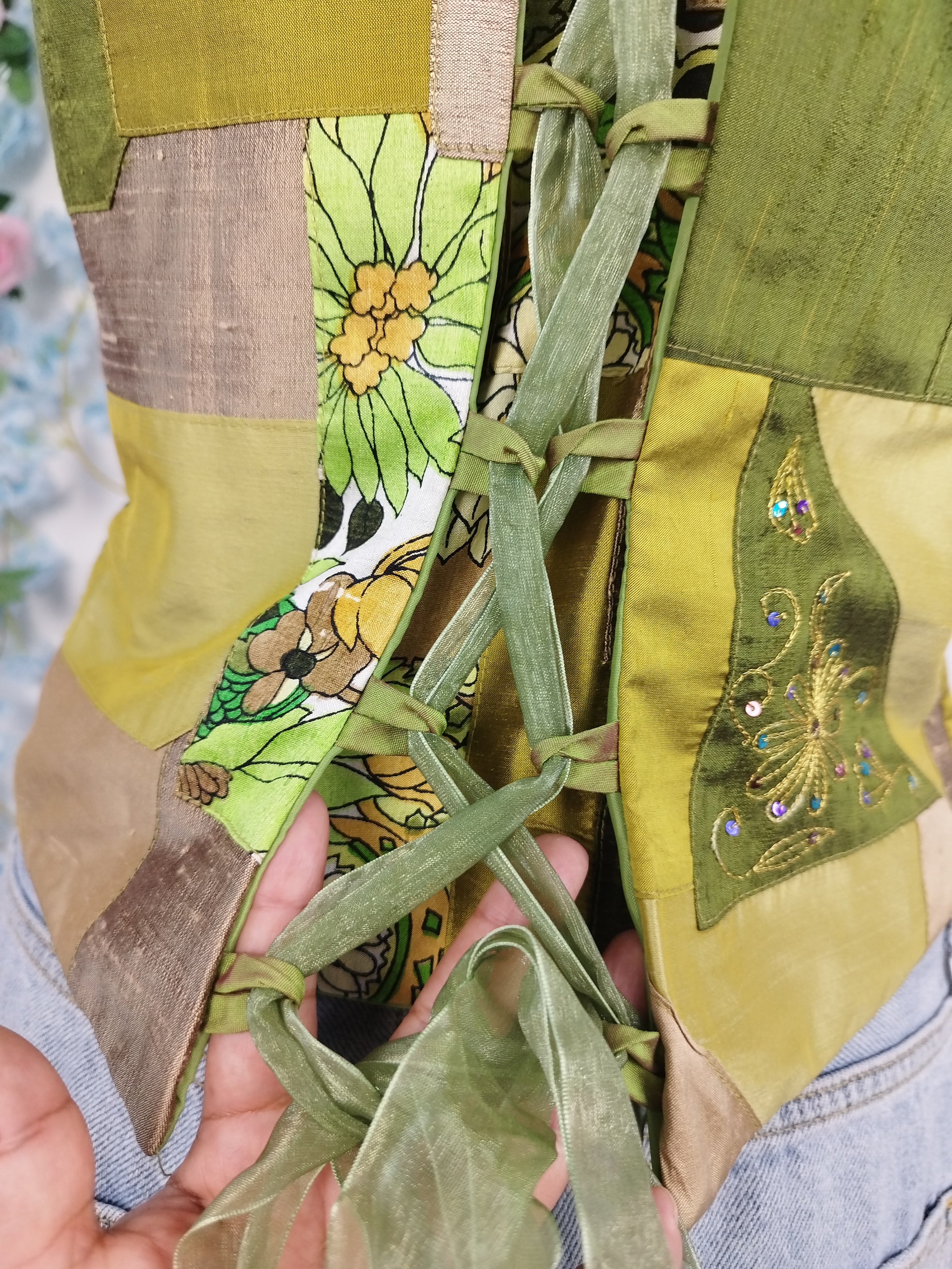 Vintage Y2K Corset — Strapless, Patchwork & Adjustable Back Tie