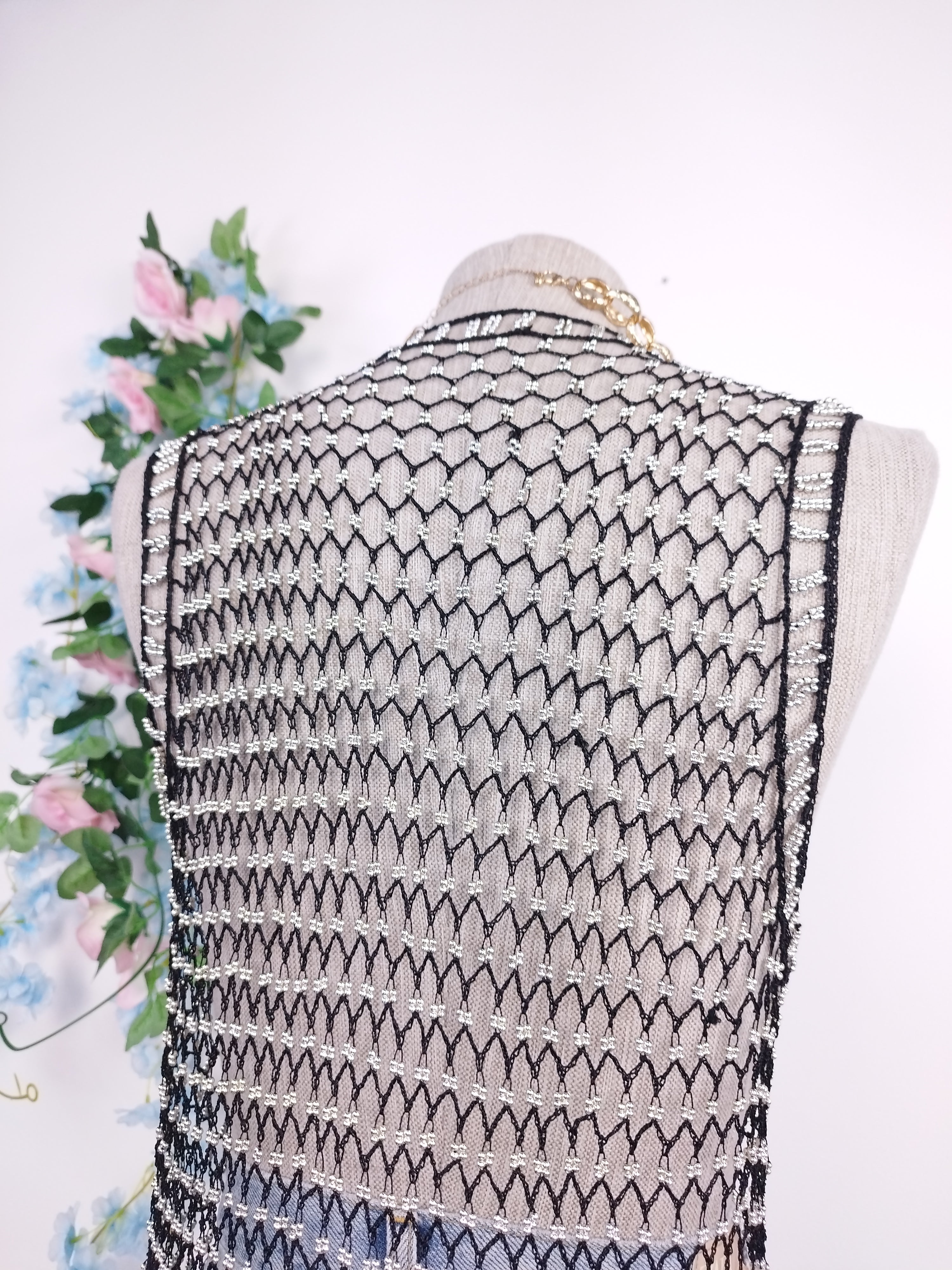 Vintage 90s Crochet Vest — V-Neck, Pearl Embellishments & Black Net Fabric